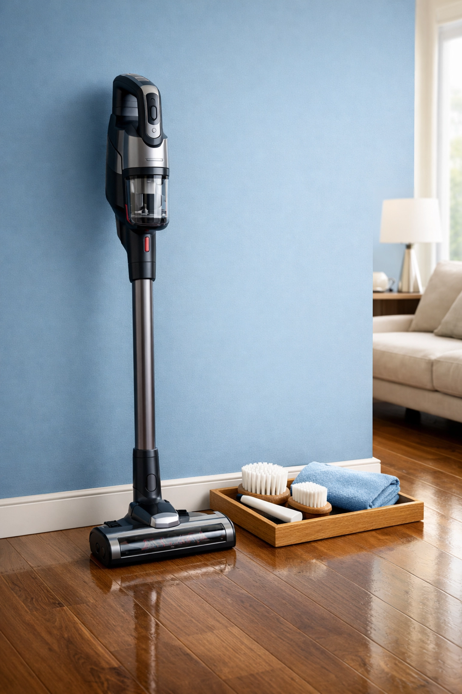 Modern vacuum cleaner and professional scrubbing brushes on polished hardwood floors in a clean living room.