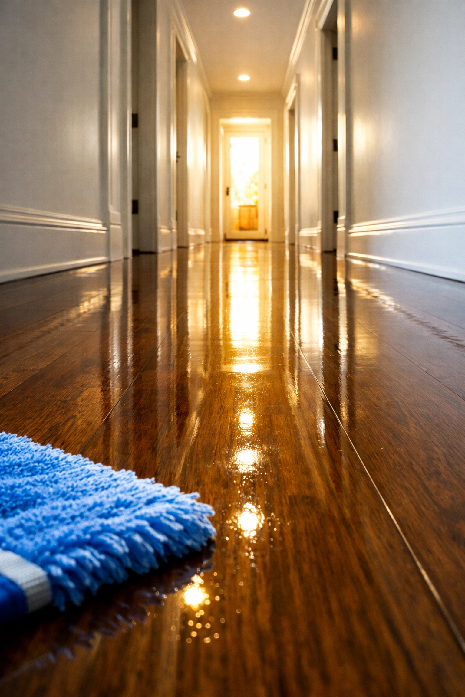 Expert move-out cleaning Cambridge featuring mirror-like polished hardwood floors in a sunlit home.