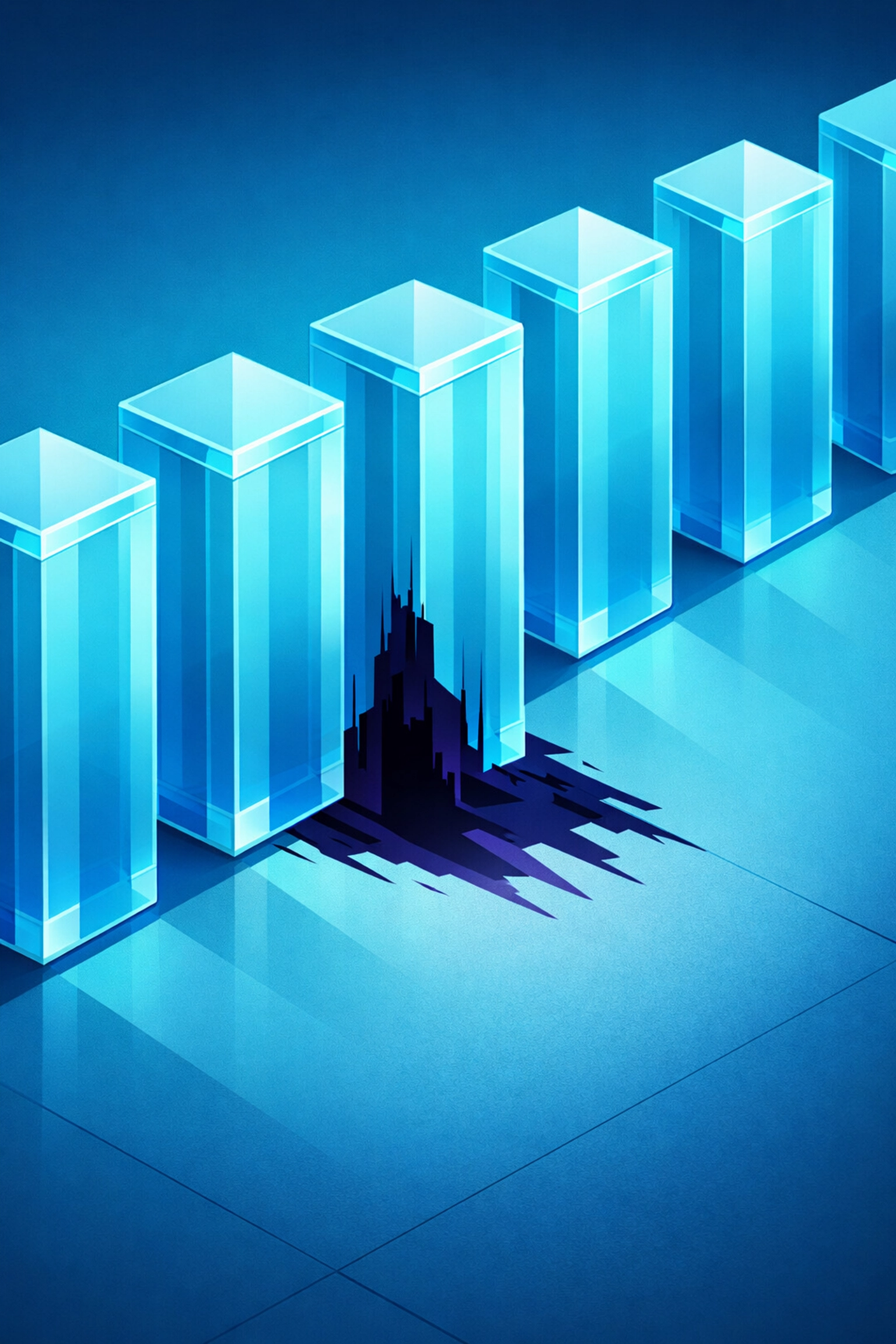 Digital representation of a hidden threat silently infiltrating a row of trusted software modules.