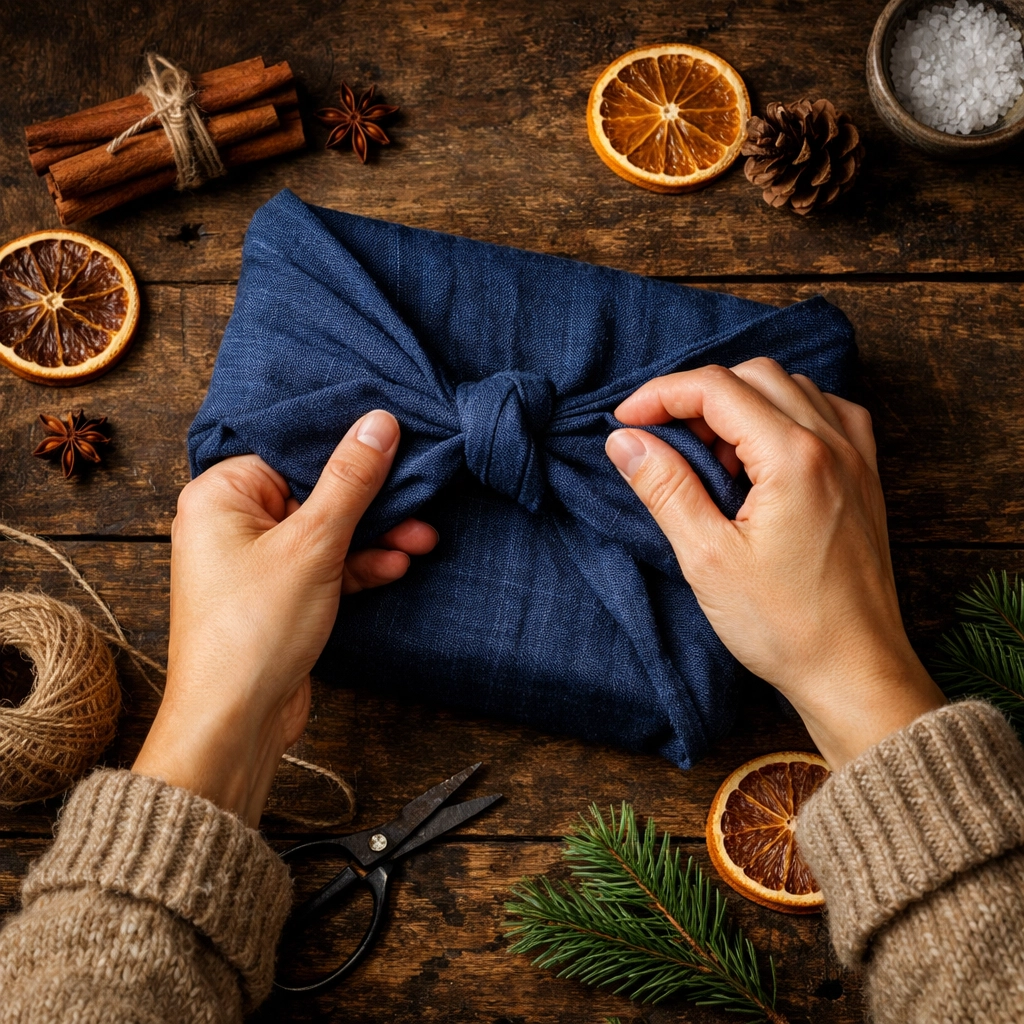 Furoshiki fabric gift wrapping using reusable linen cloth and natural botanicals to reduce holiday paper waste.