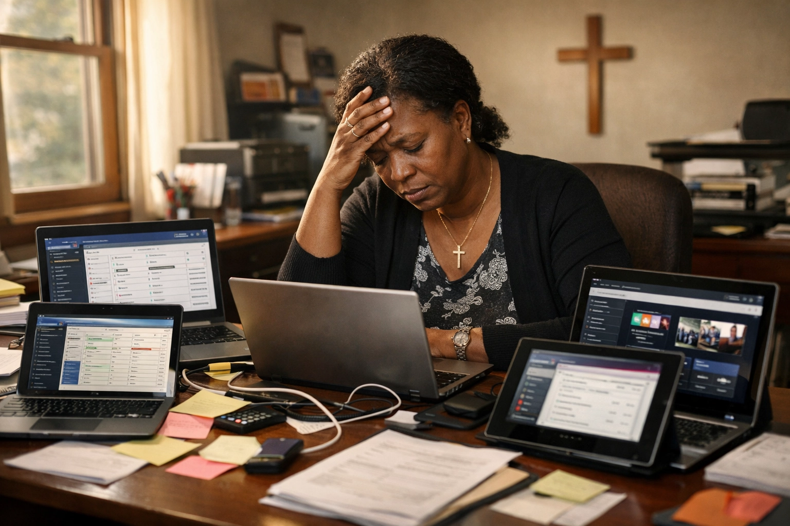 Church administrator overwhelmed by multiple disconnected tech platforms and software systems