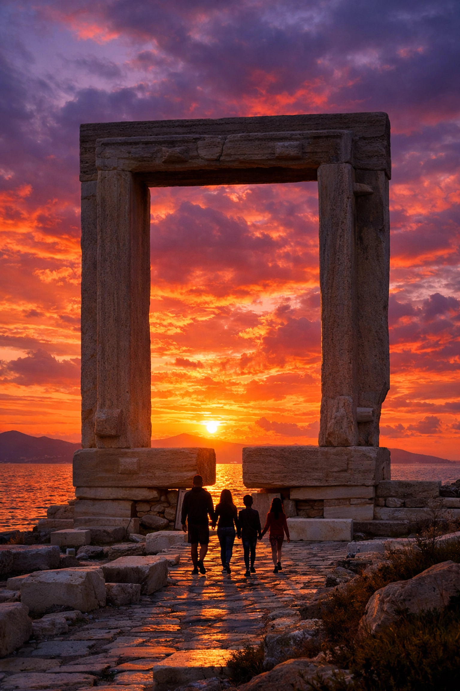 A family walking towards the Portara in Naxos at sunset, overlooking the Aegean Sea during a family holiday.