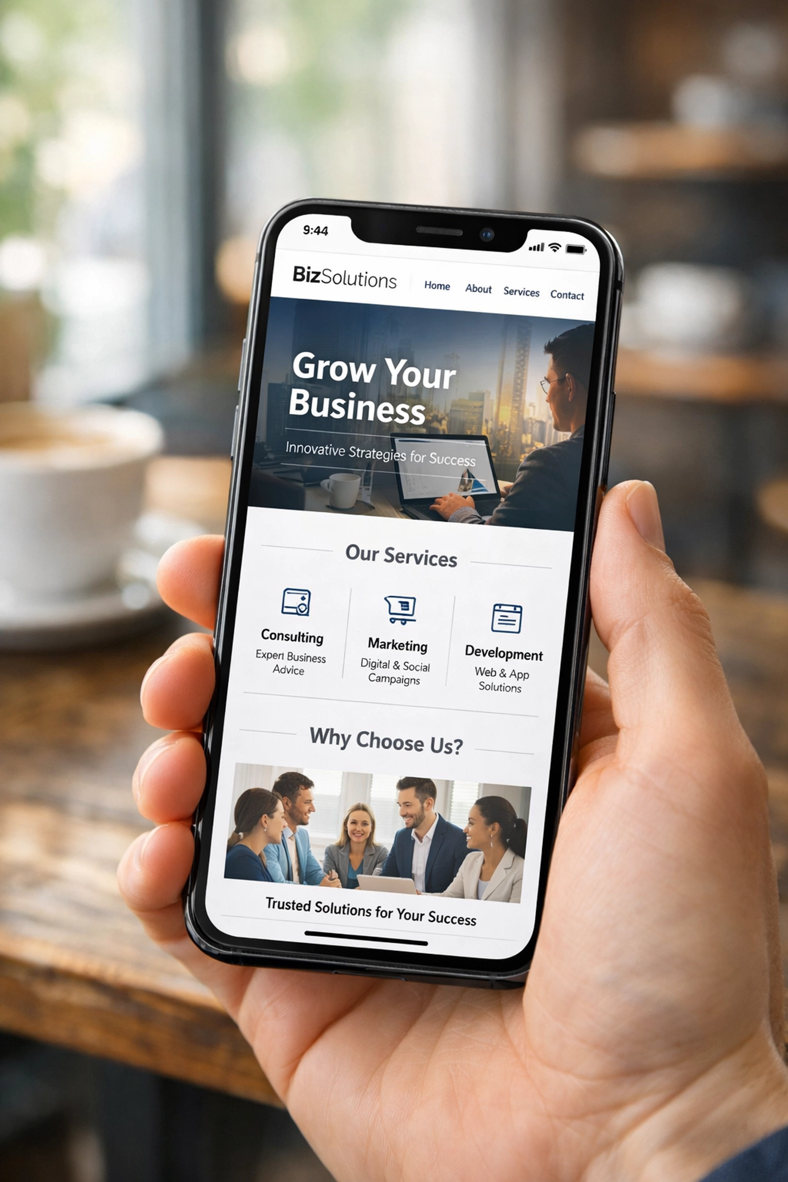 Mobile responsive website displayed on smartphone showing importance of mobile-first design for SEO
