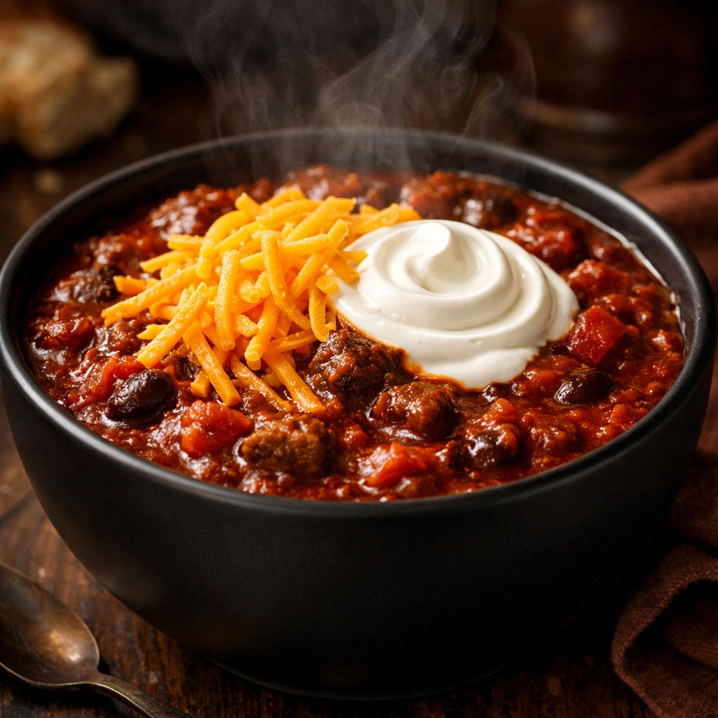 Hearty 5-ingredient slow cooker beef chili topped with melted cheese, perfect for an easy family dinner.