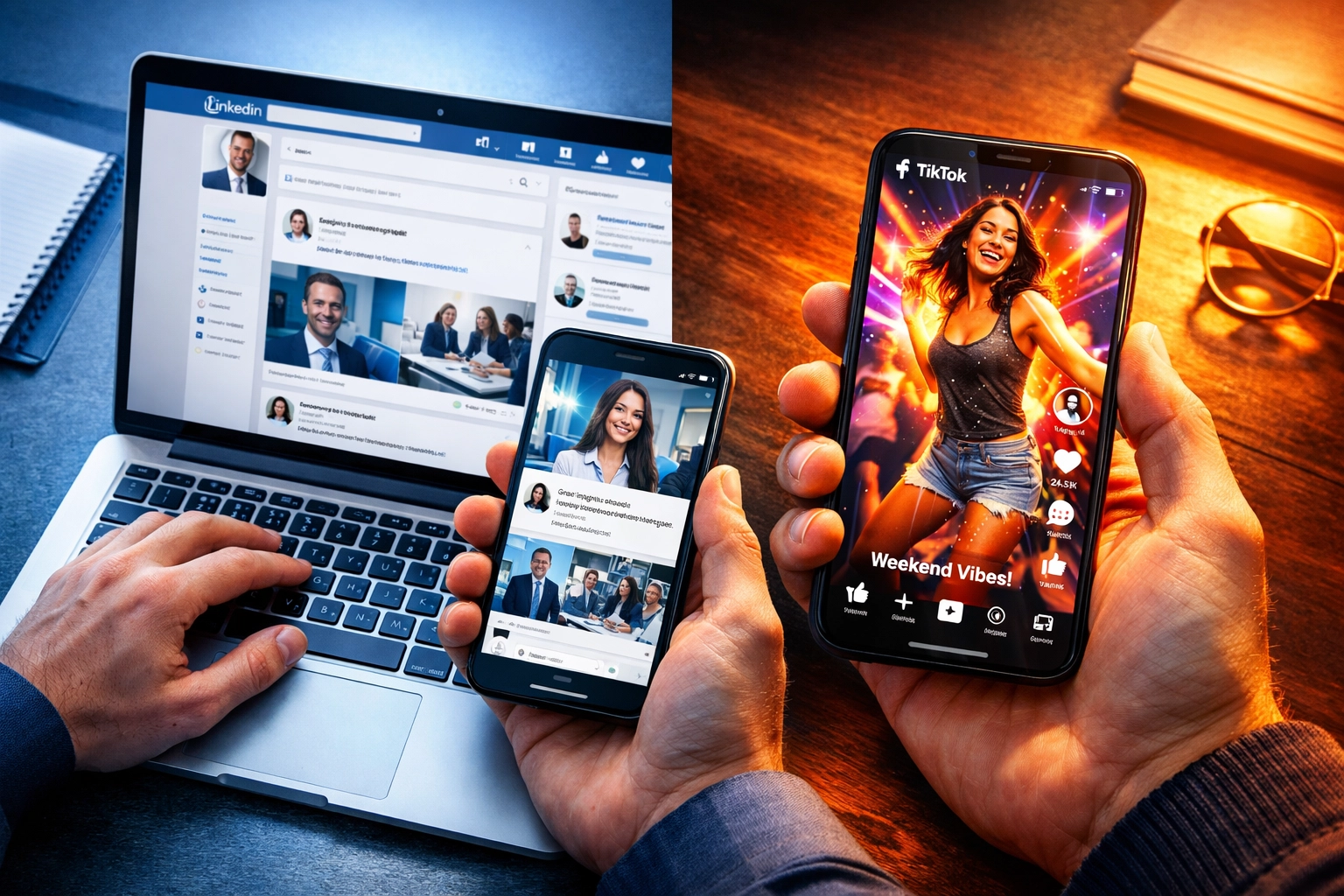 Split screen showing LinkedIn corporate feed and TikTok content highlighting platform-specific crisis messaging needs