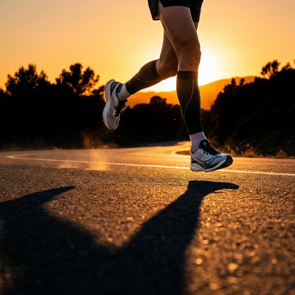 Runner's legs in mid-stride at sunset, illustrating safe mileage progression for injury prevention.
