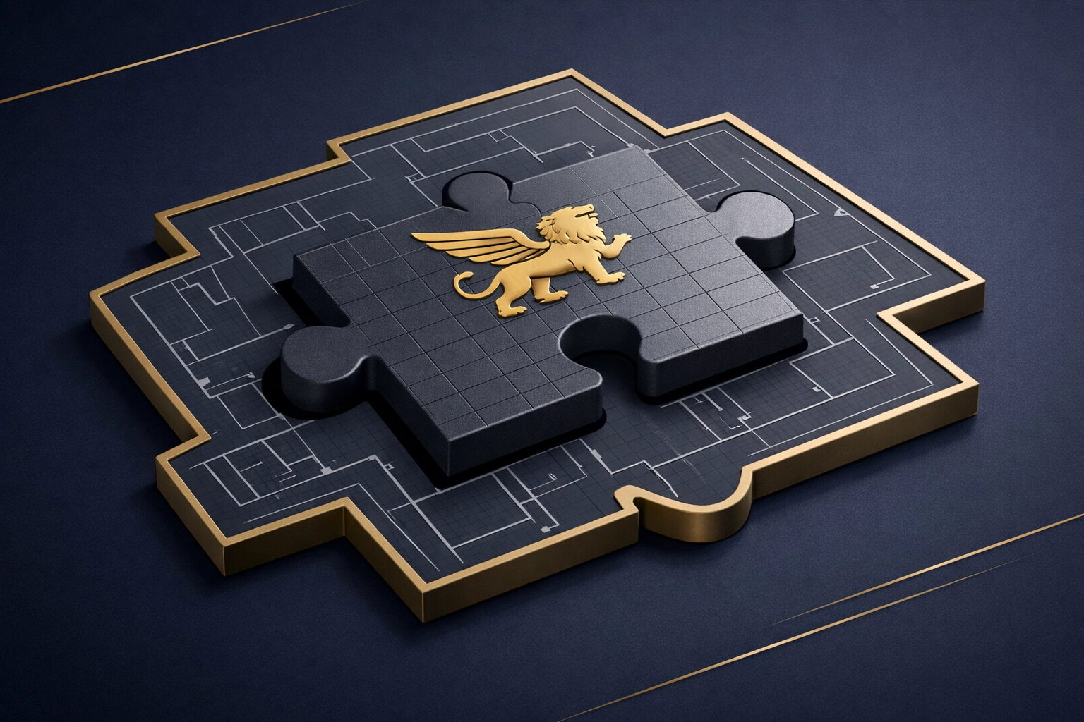 Minimalist isometric visual representing Tailored Over Templated: a custom-fit spreadsheet puzzle piece aligned to a unique business blueprint, with subtle CapMaven gold winged lion detailing.
