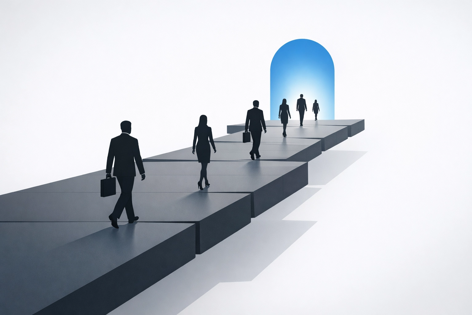 Professional silhouettes walking a minimalist path toward a digital portal representing high-intent user conversion.