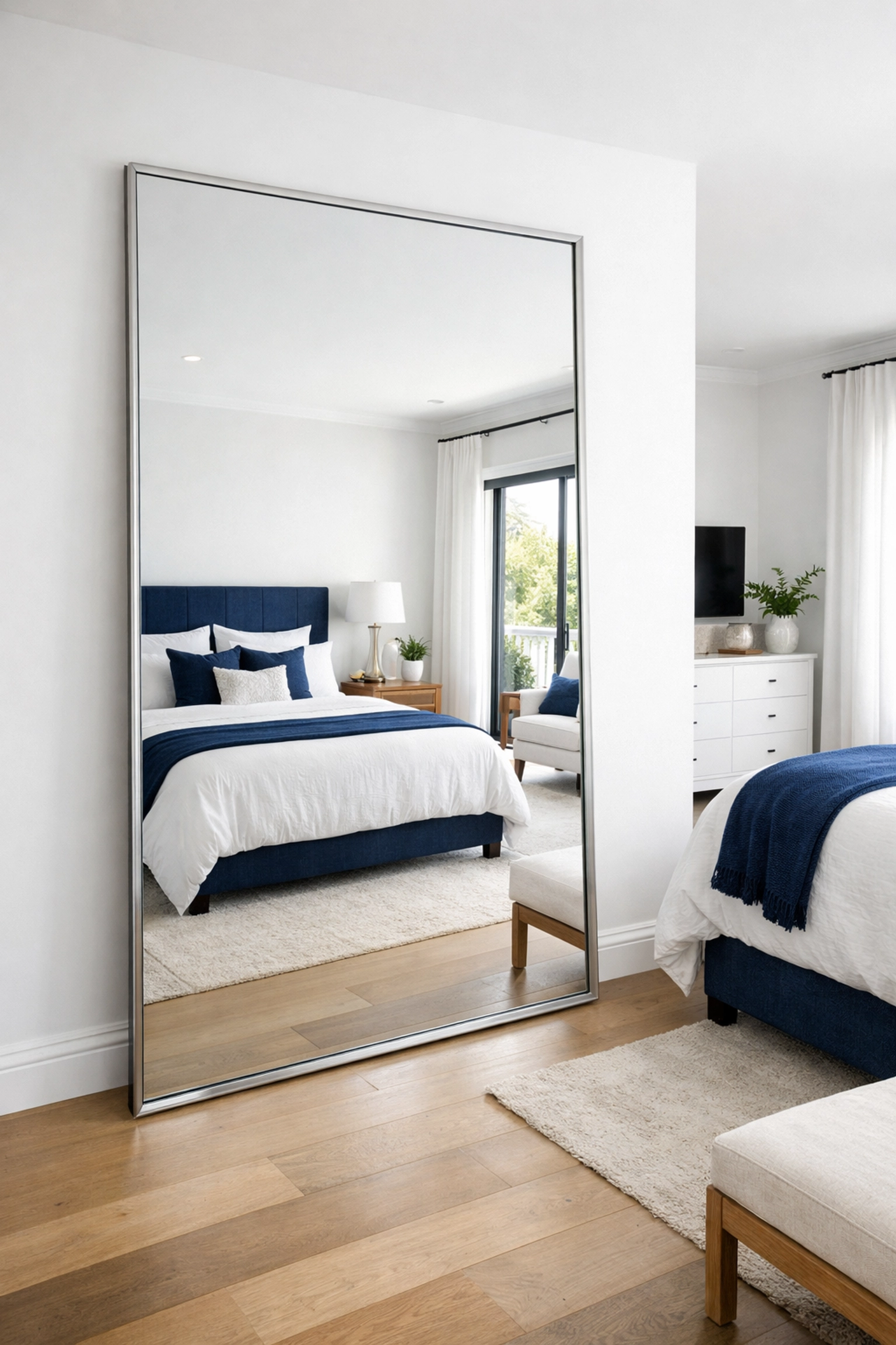 A clear, streak-free floor-to-ceiling mirror reflecting a professionally cleaned bedroom suite.
