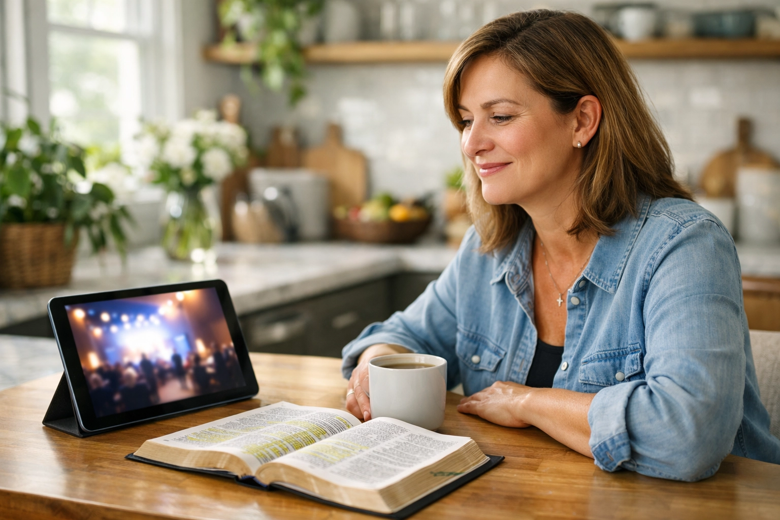 Christian caregiver watching live stream worship on a tablet in her home kitchen.