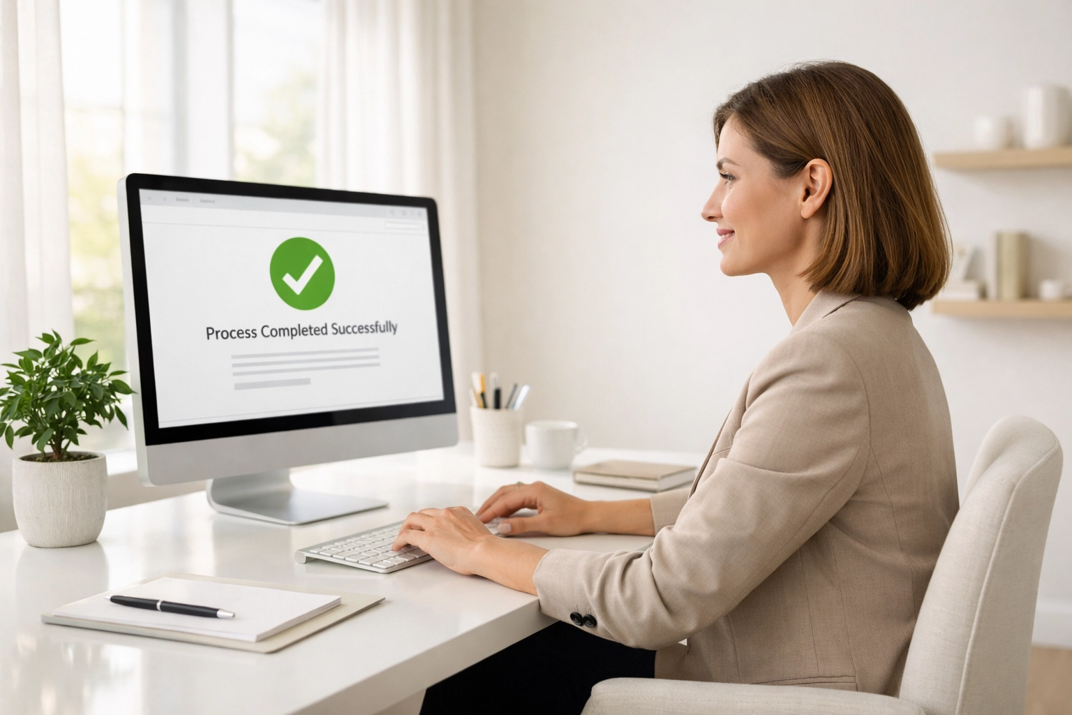 A satisfied taxpayer working in a bright home office after successfully resolving an IRS identity issue.