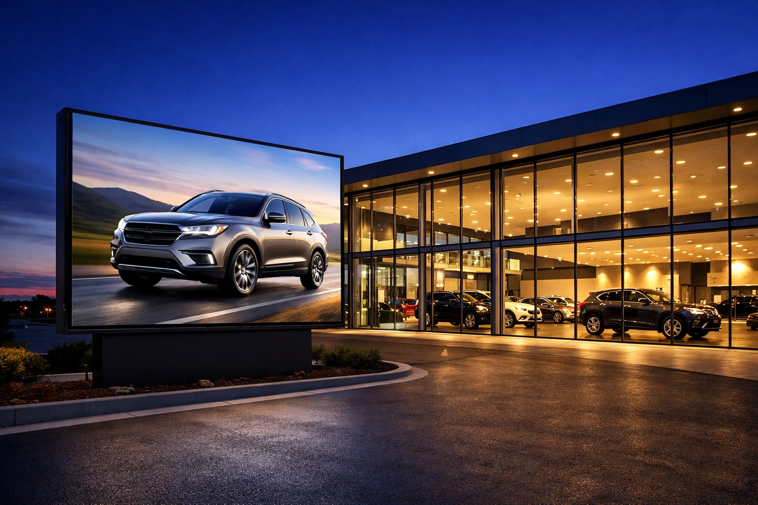 Luxury car dealership exterior with a high-definition outdoor digital signage display for branding.