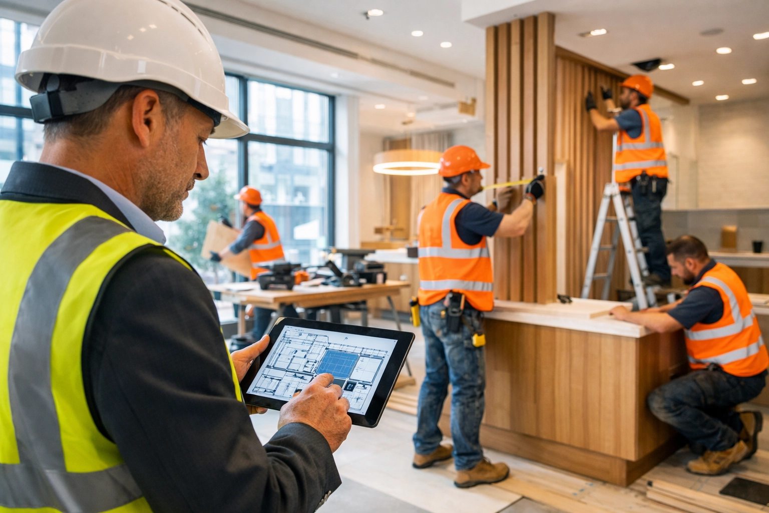 Freelance site manager coordinating vetted construction workers during a high-end UK interior fit-out project.