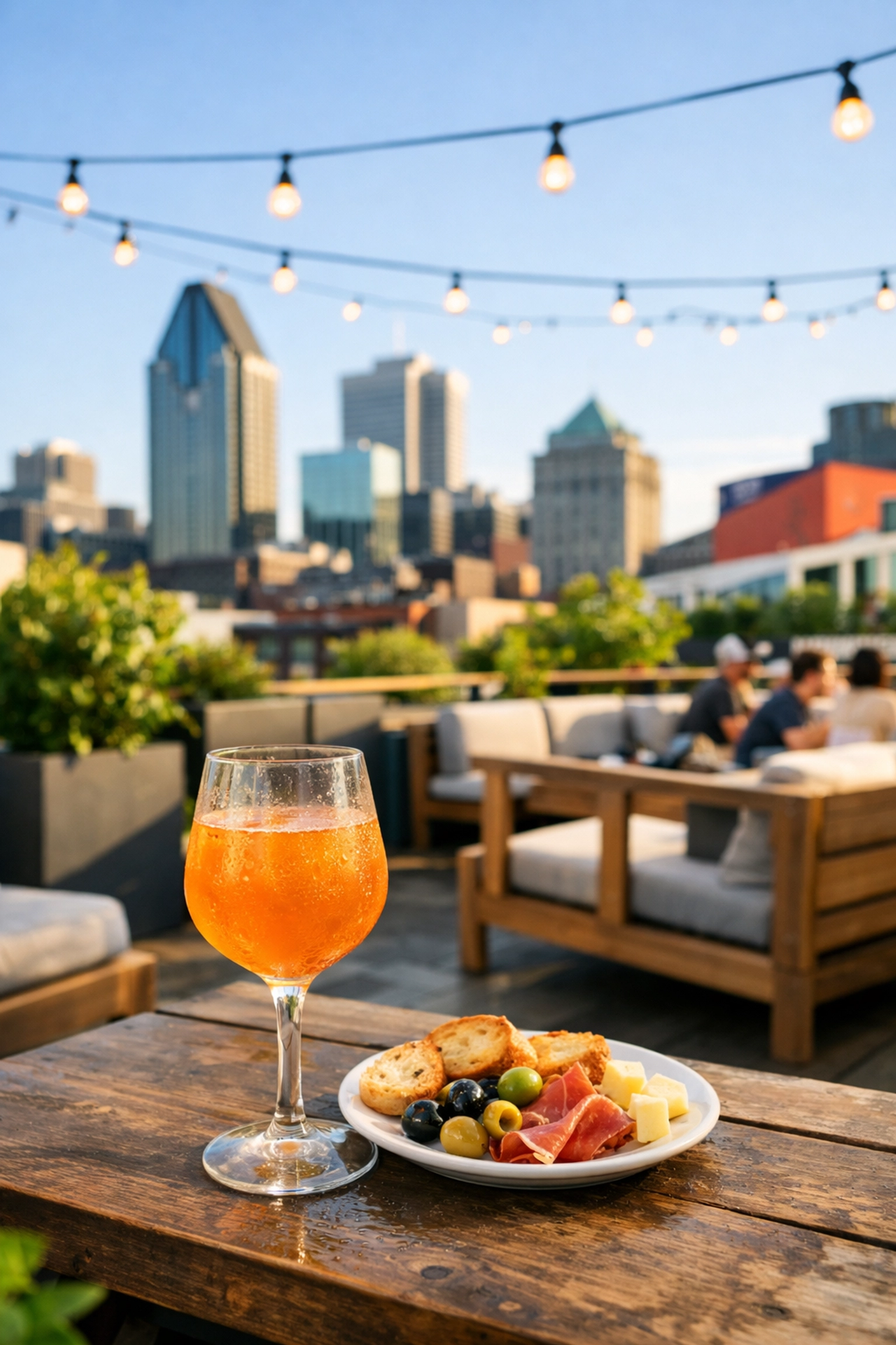 A cozy rooftop terrace at Pavillon SAT in Montreal featuring natural wine and city views.