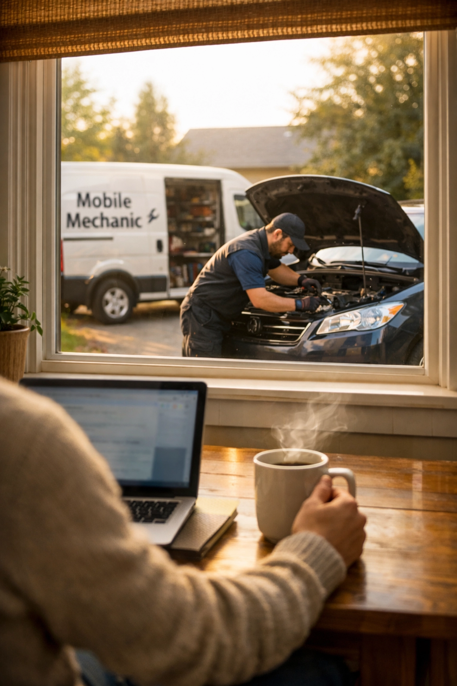 A Green Bay driver enjoys coffee at home while a mobile mechanic services their car in the driveway.