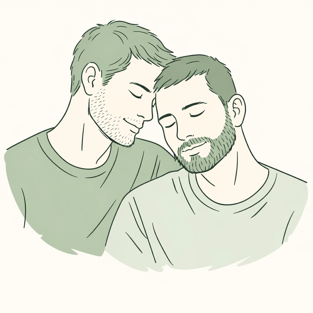 Tender hand-drawn illustration of two men sharing an intimate, supportive moment of emotional connection.