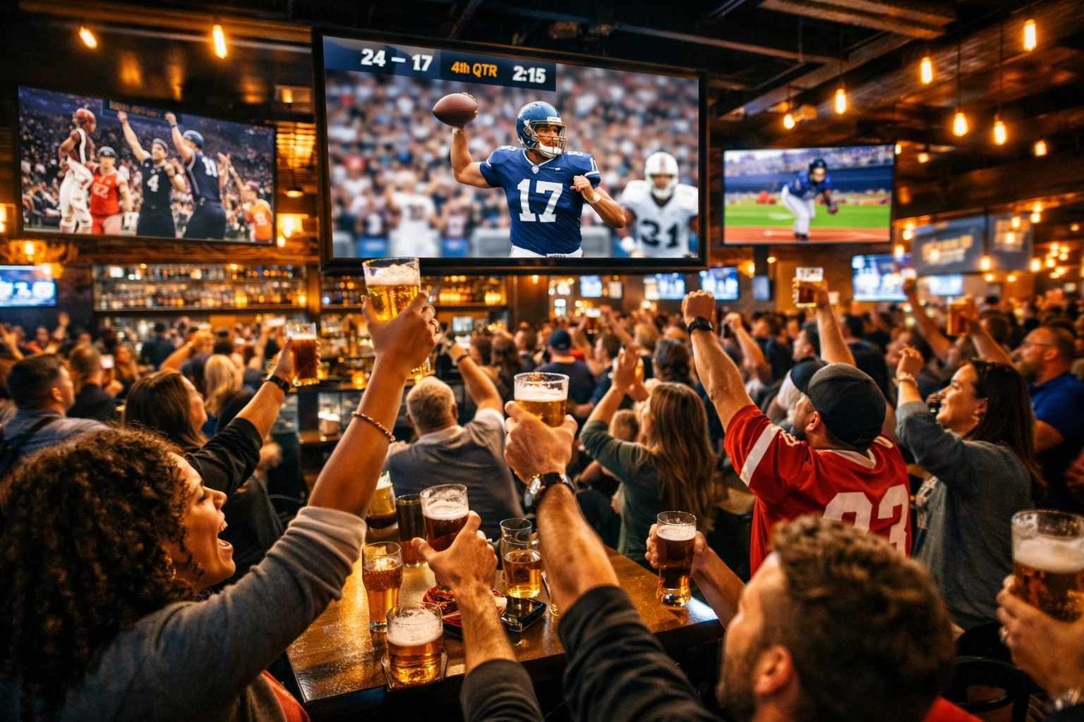 Sports fans watching game at venue with Sports Media Inc. digital screens