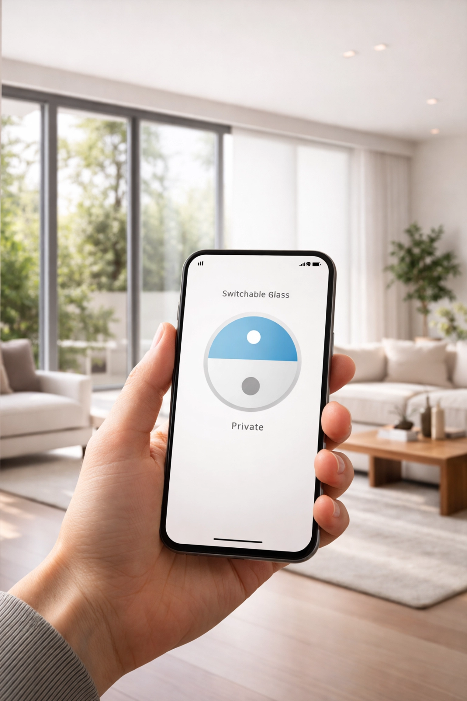 Hand using smartphone to control smart film privacy glass in a bright, minimalist LA living room