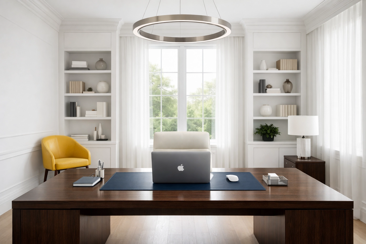 Clean luxury home office in Massachusetts designed for cognitive performance after professional house cleaning.