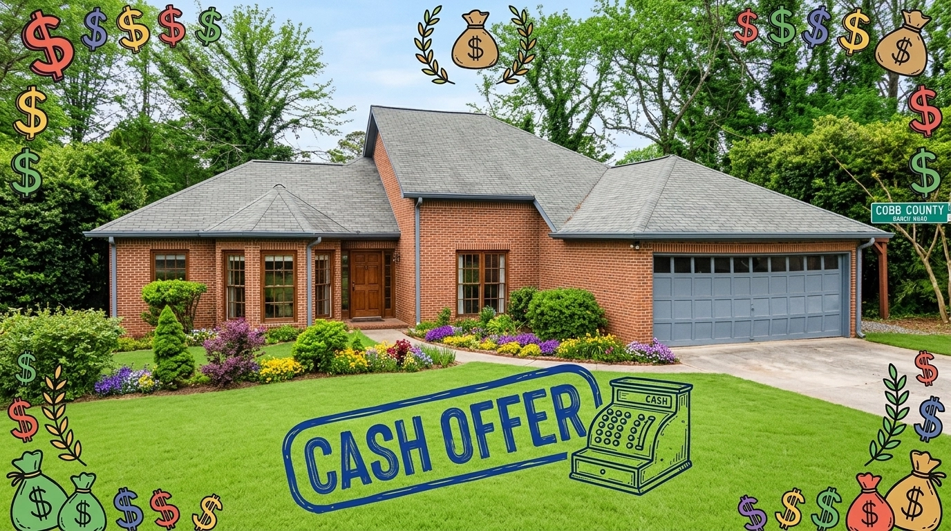 A classic brick ranch in a quiet Cobb County neighborhood with playful doodles highlighting a hidden deal and under-$400k value. A classic brick ranch in a quiet Cobb County neighborhood with playful doodles highlighting a hidden deal and under-$400k value.