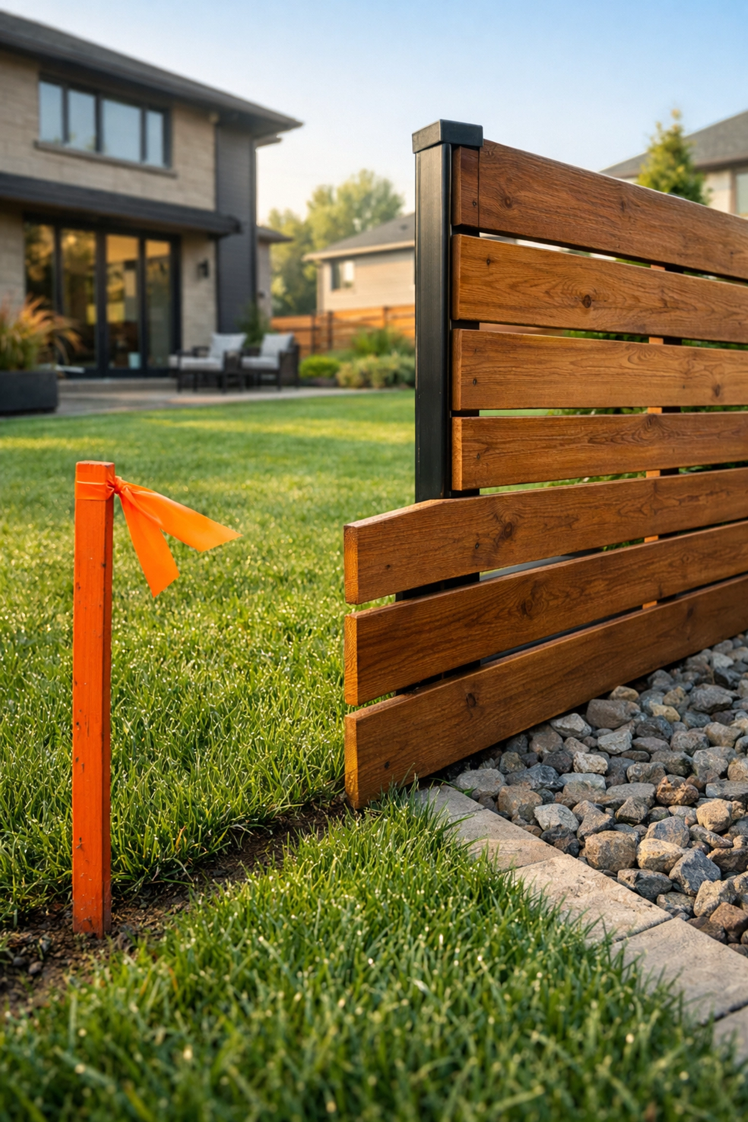 Waterloo Region property boundary survey showing a fence encroachment near a surveyor stake in a backyard.