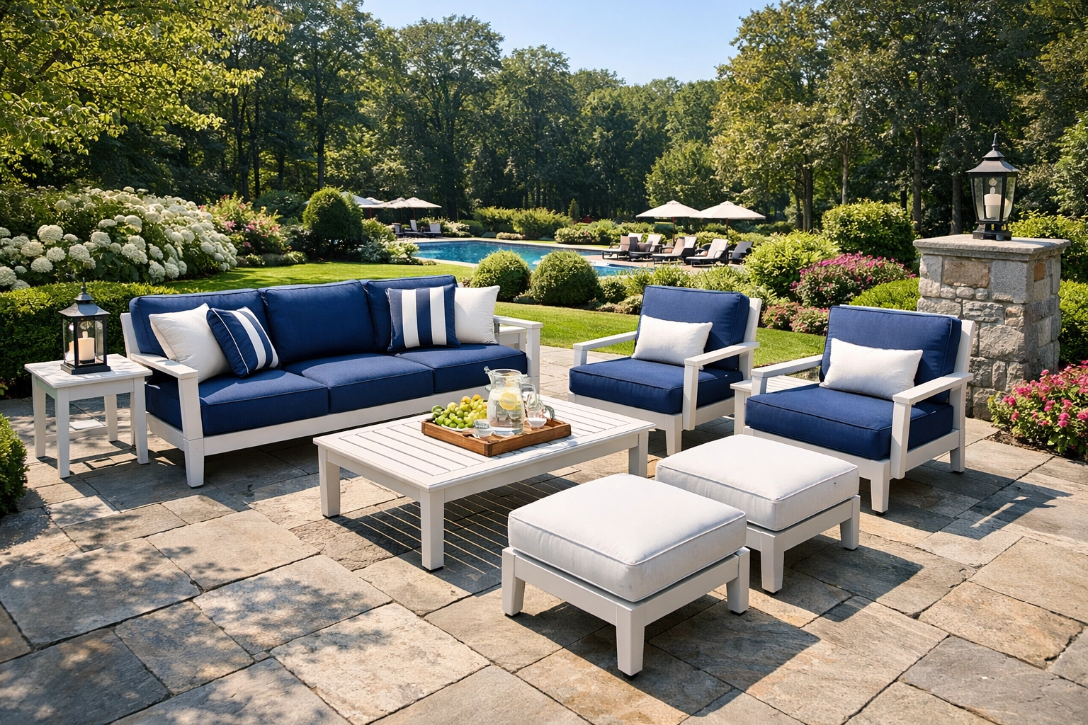 Professionally cleaned outdoor patio cushions and furniture on a stone terrace in a Westchester home.