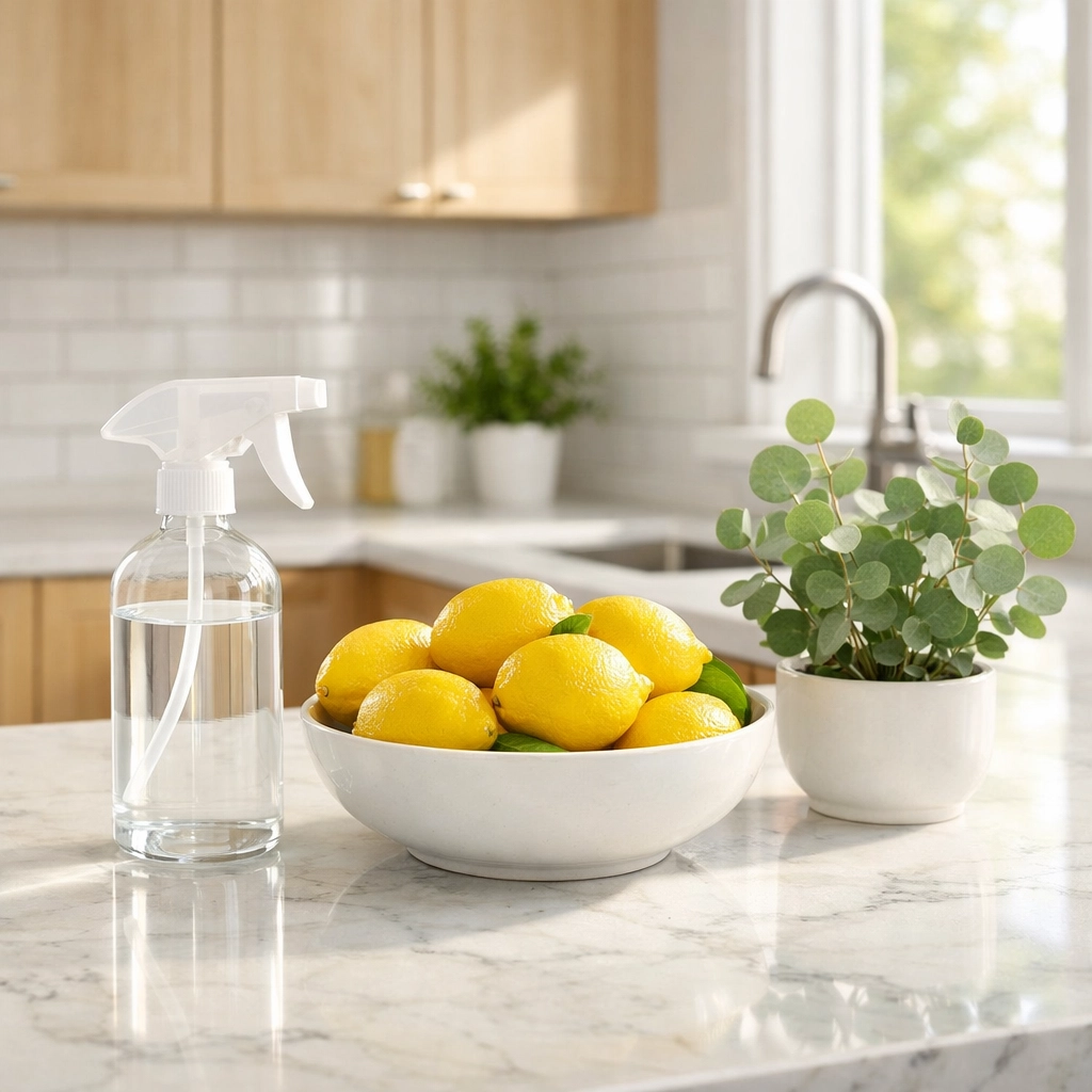 Sparkling modern kitchen in Harvard featuring eco-friendly house cleaning products and non-toxic supplies.