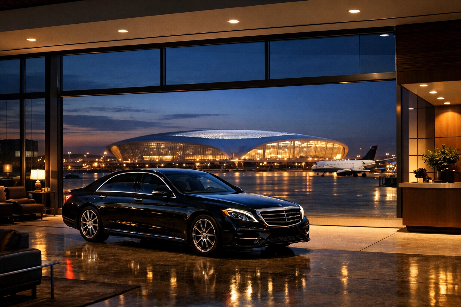 Luxury sedan at a private jet terminal with a glowing Super Bowl stadium in the background.