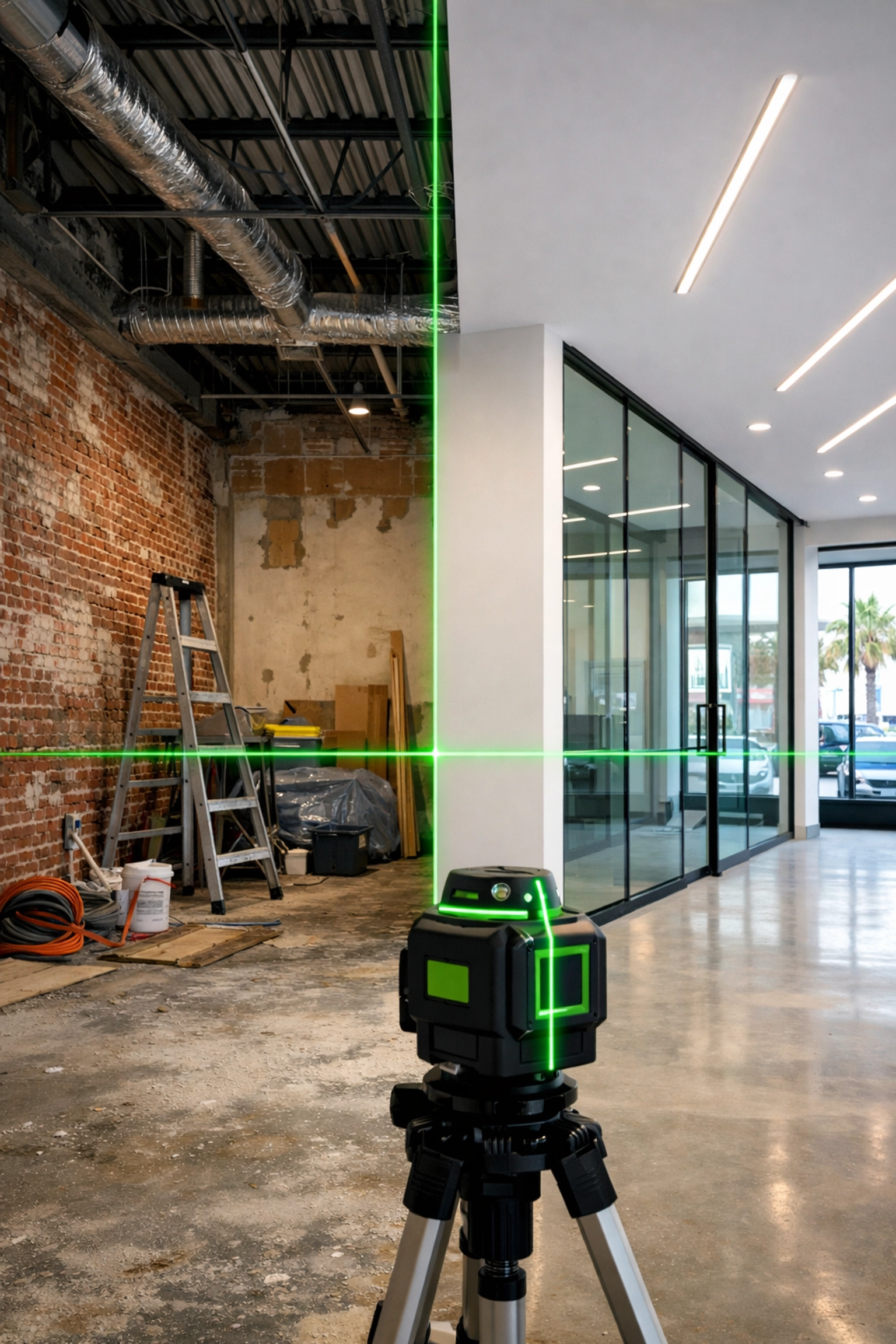 Commercial upfit in progress in Wilmington NC showing raw industrial space and modern office partitions.