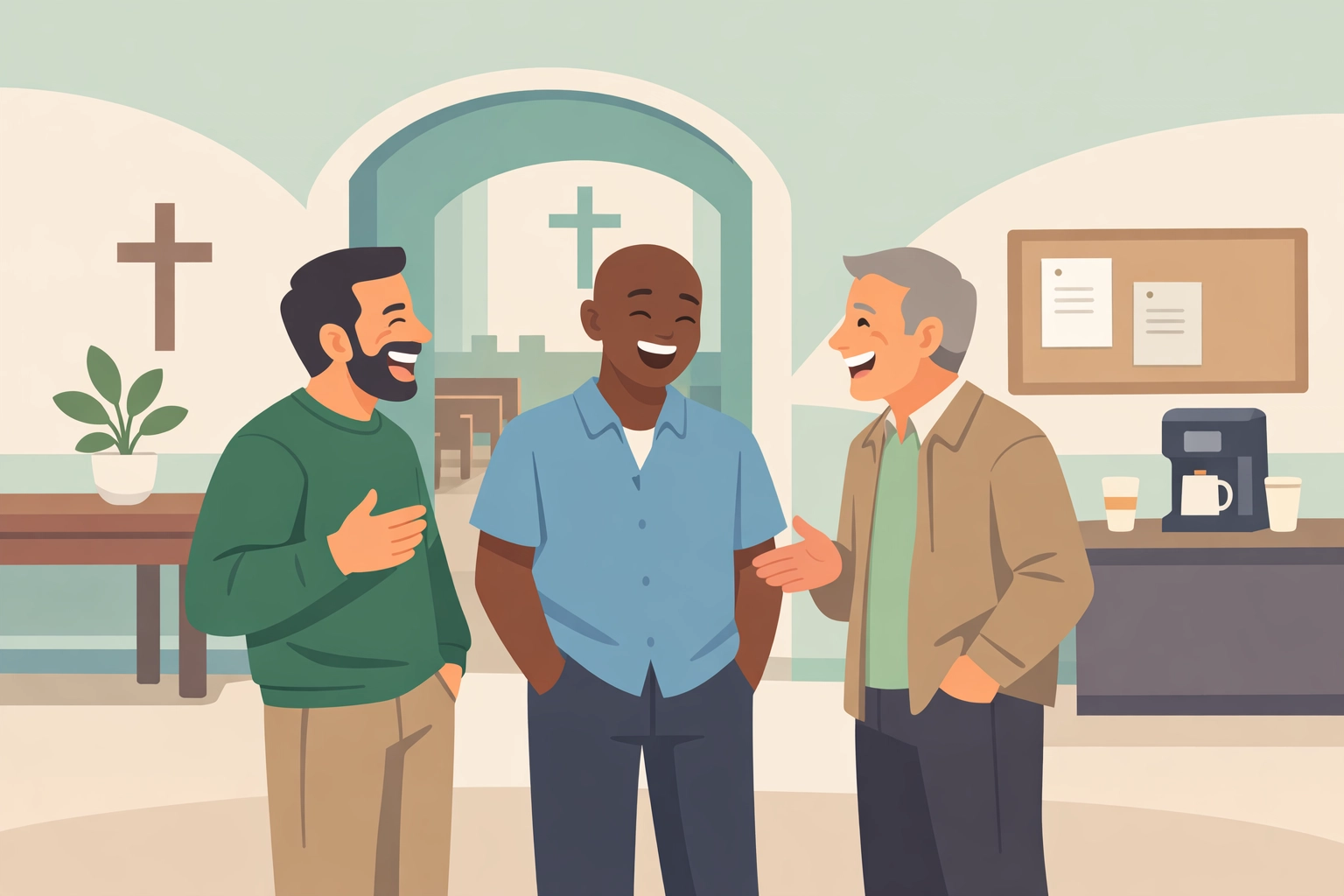 Men talking and laughing together in a church hallway