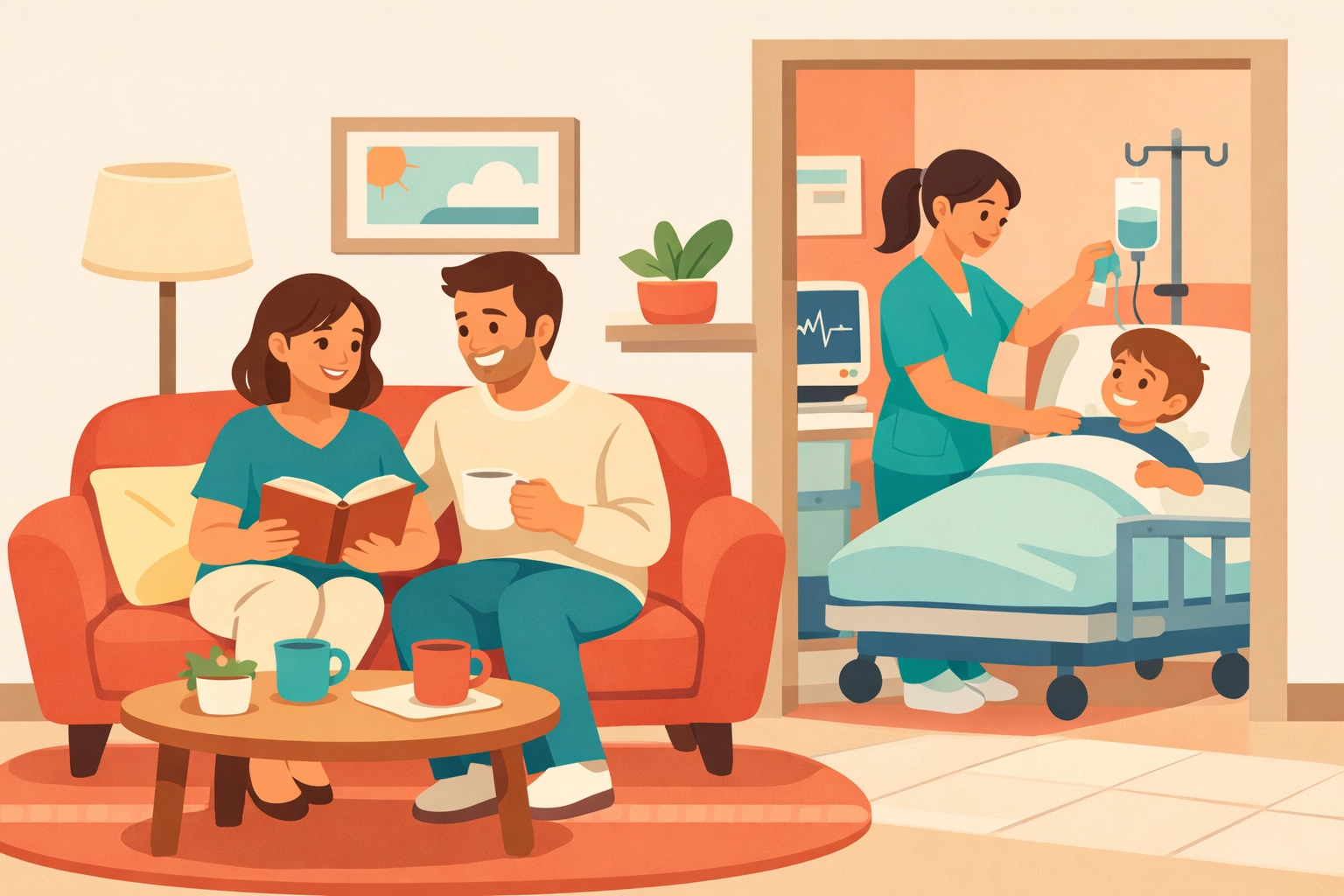 Parents relaxing while professional nurse provides home care for their child