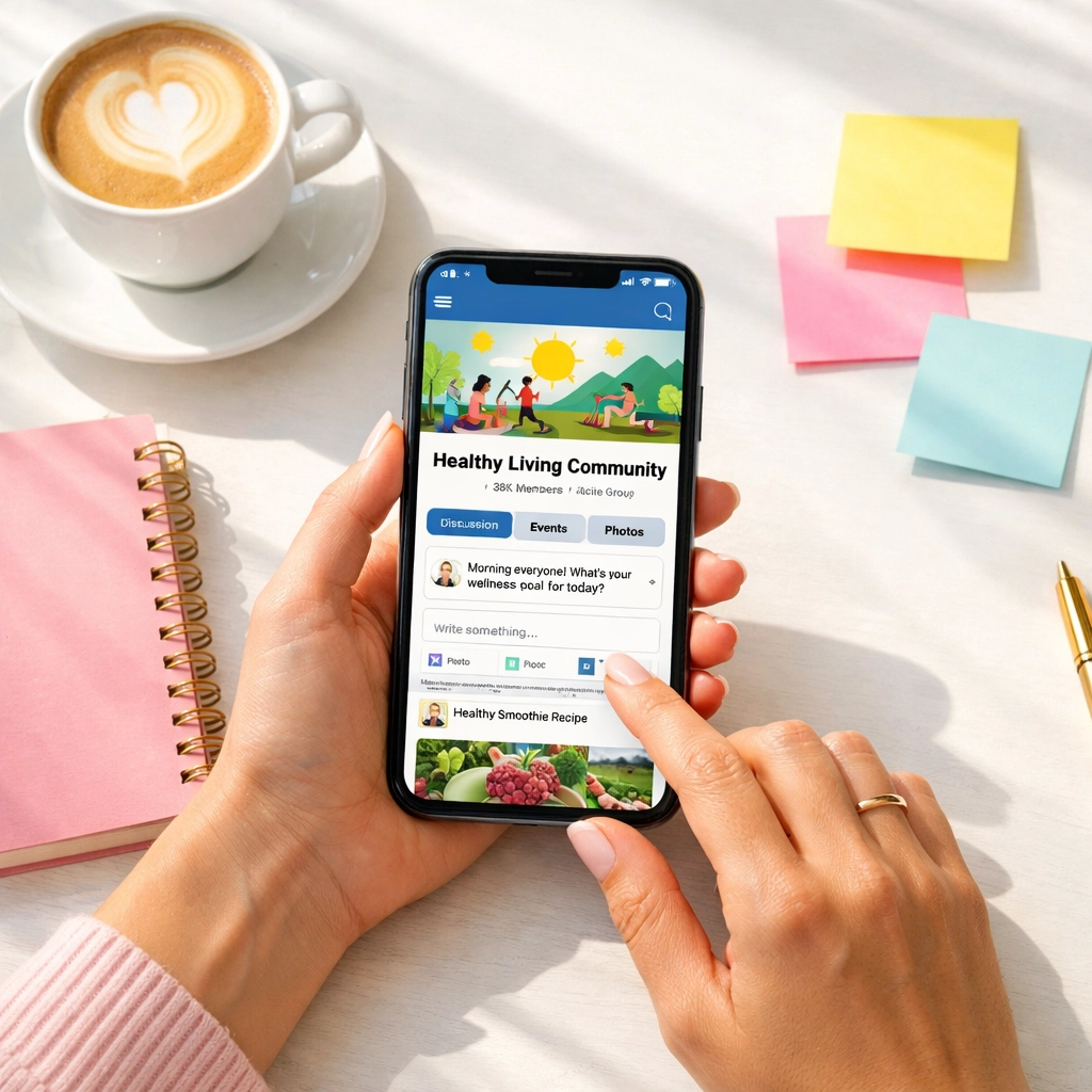 Small business owner using Facebook Groups for lead generation on smartphone workspace