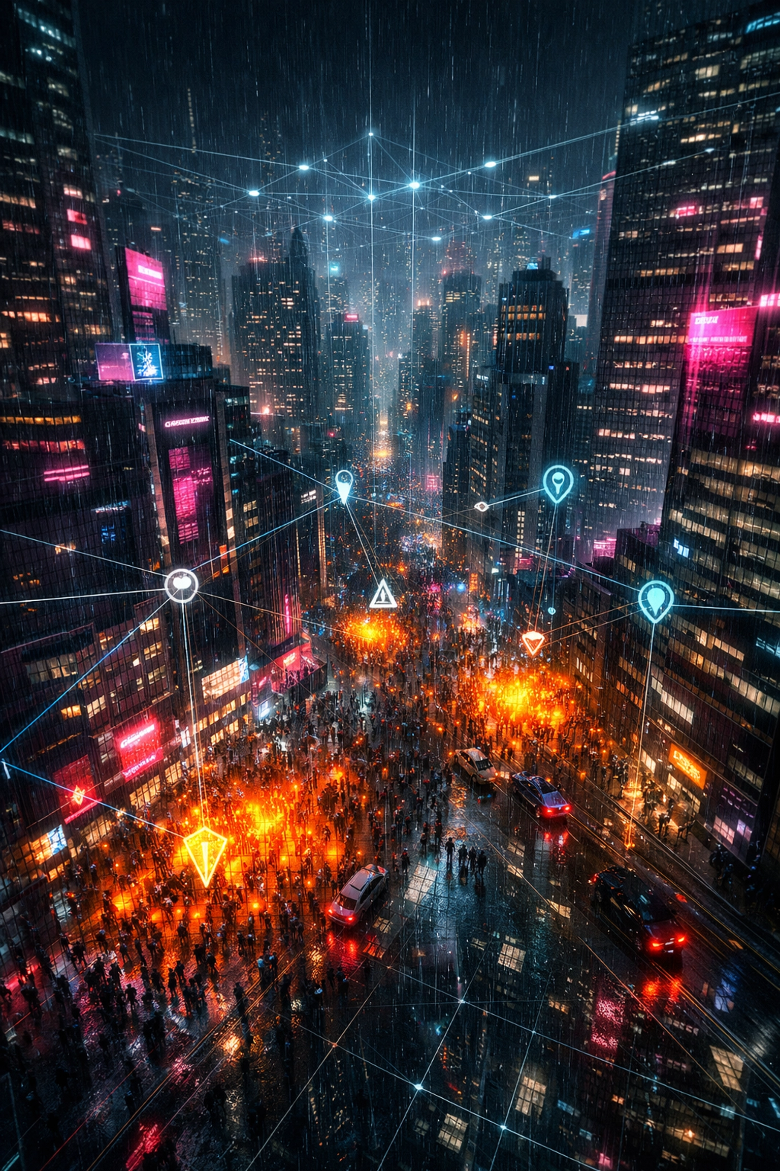 Neon-lit city streets with a digital surveillance grid, a classic setting in cyberpunk books.