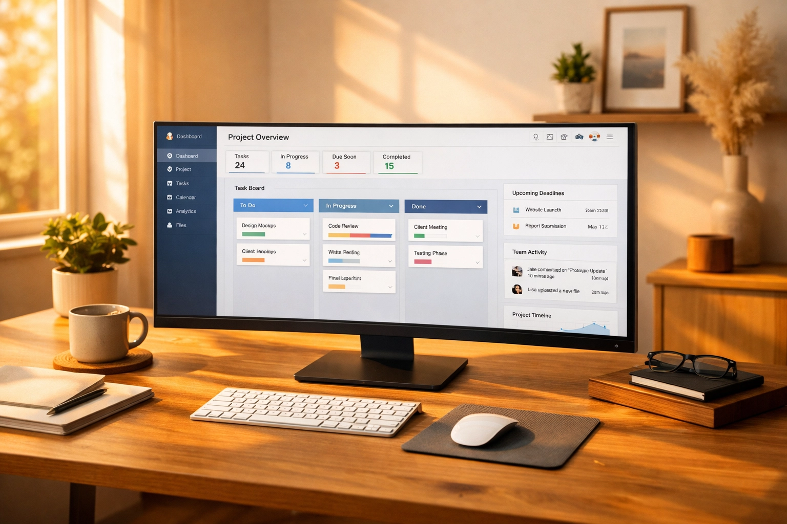 Oficina organizada con panel de gestión de proyectos para centralizar la comunicación del equipo.