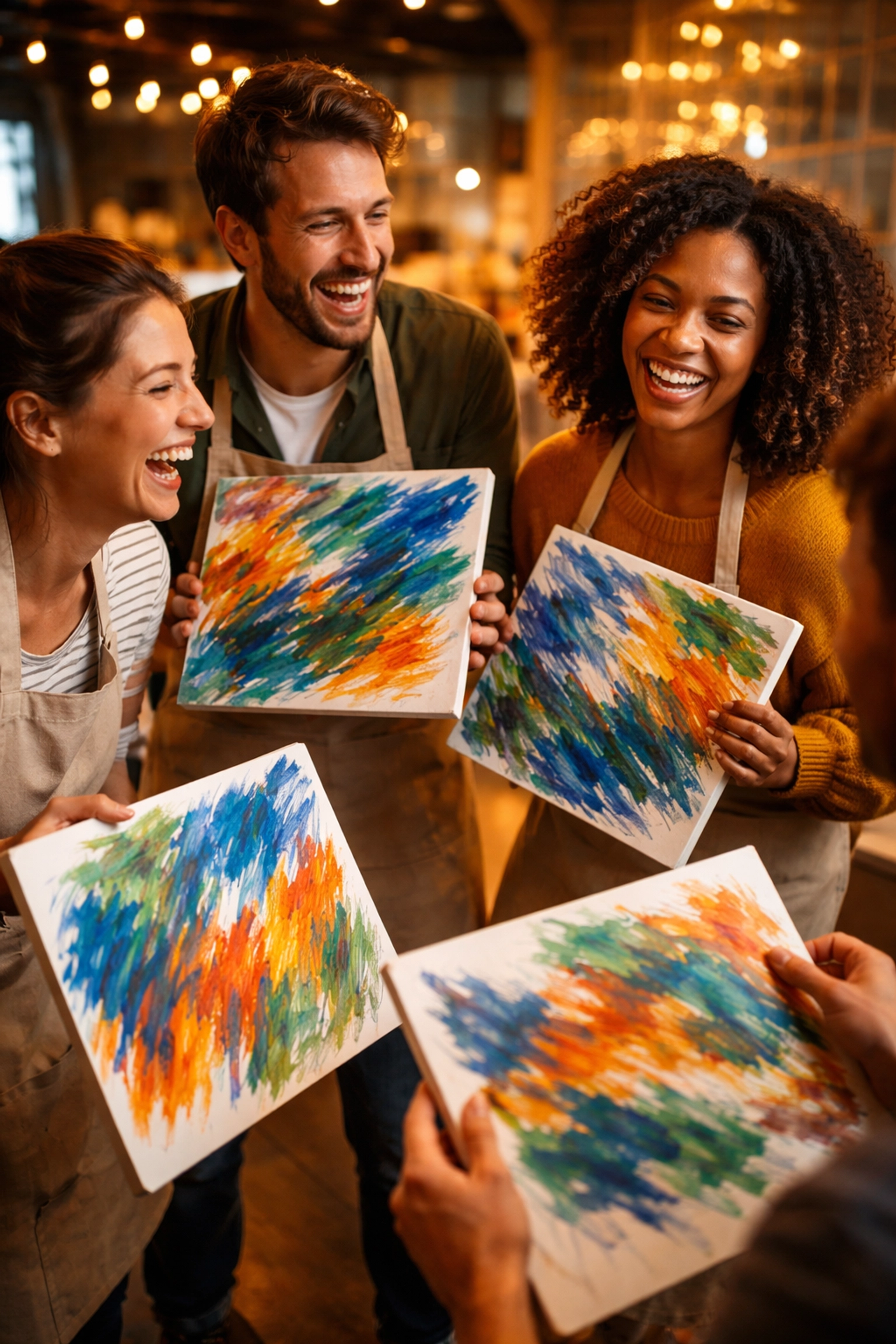Colleagues laugh and connect while sharing colorful artwork at a corporate creative team building session.