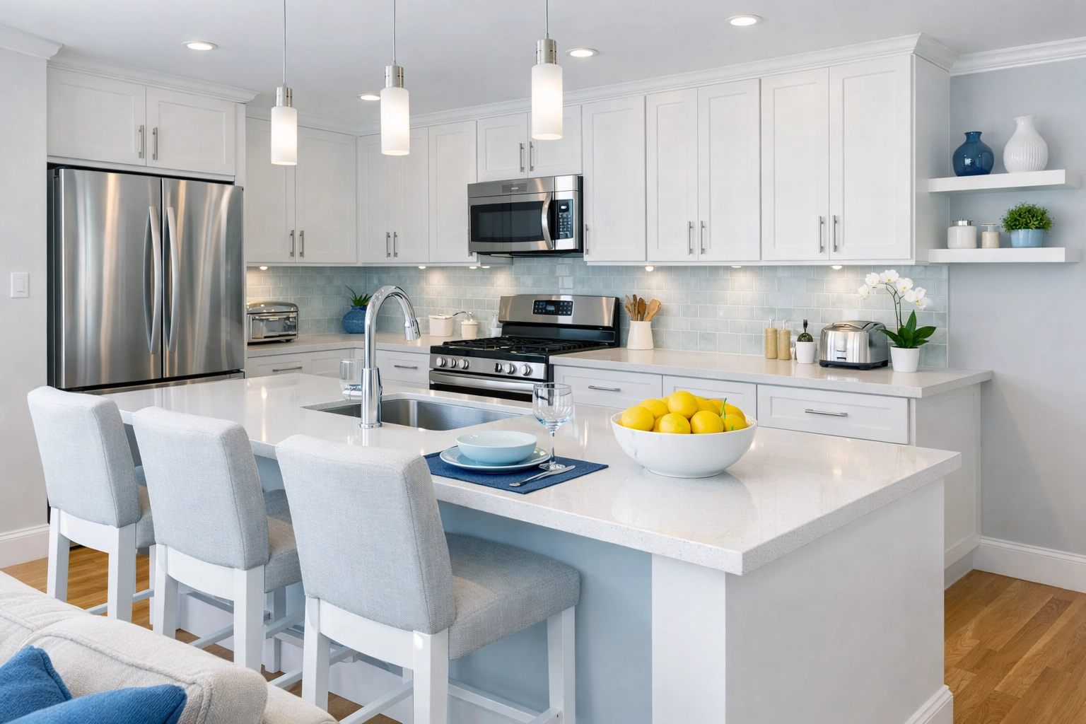 Modern spotless kitchen in a Massachusetts apartment, showing high-quality property management cleaning services MA results.