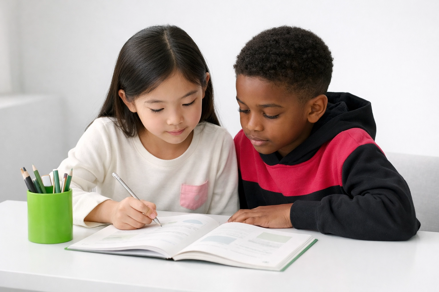 Twee diverse kinderen werken samen aan opdrachten over hoogbegaafdheid en effectief leren leren.