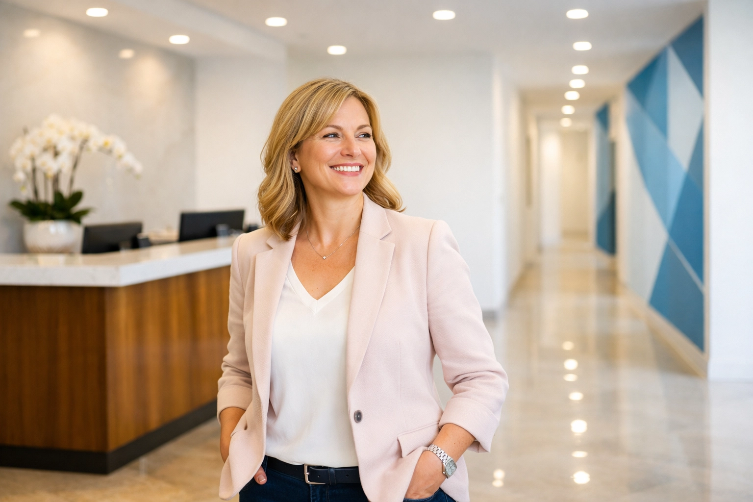 Satisfied business owner in a spotless lobby after professional commercial cleaning Carlisle services.