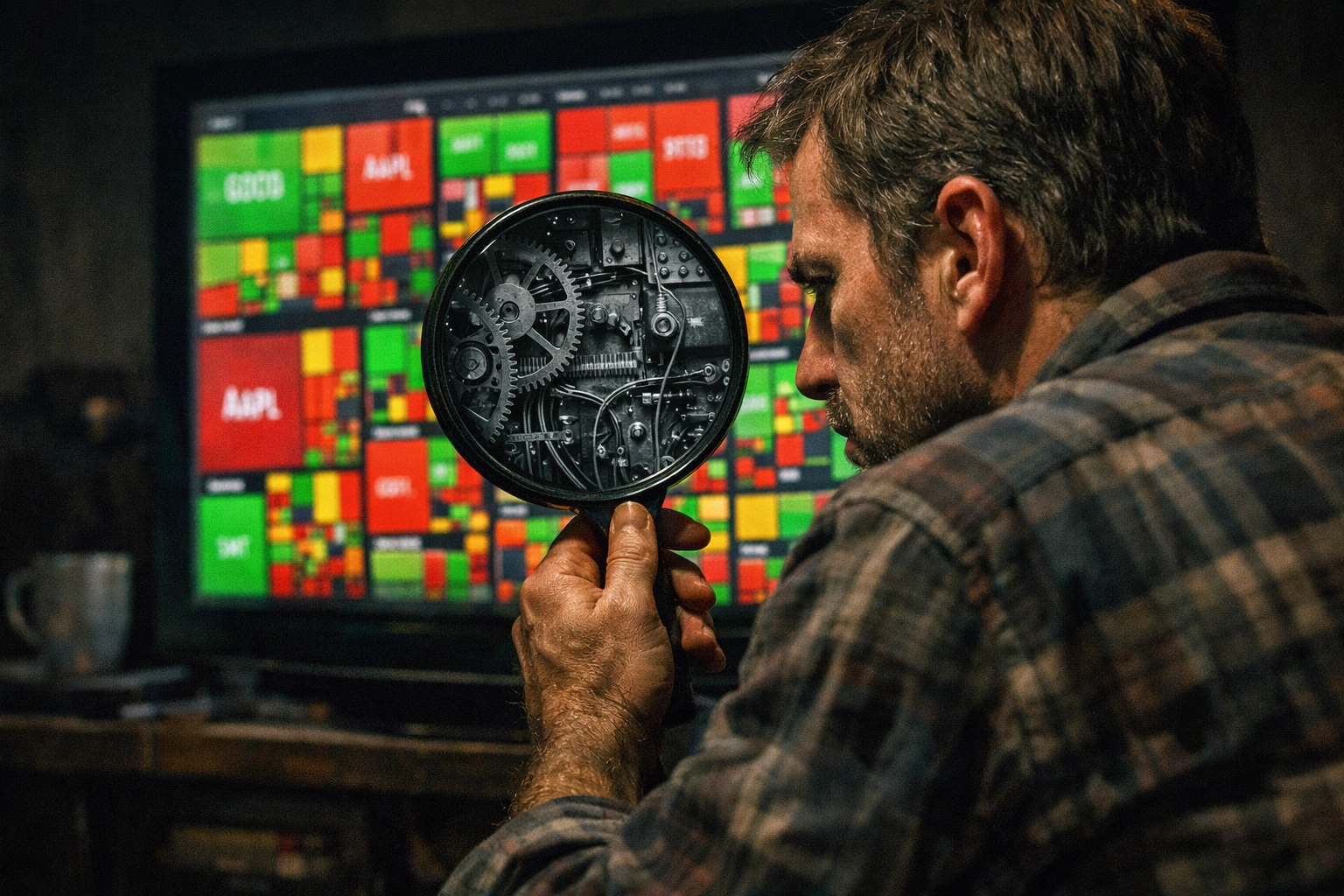 Person scrutinizing stock market news with a magnifying glass, exposing the mechanics behind economic narratives