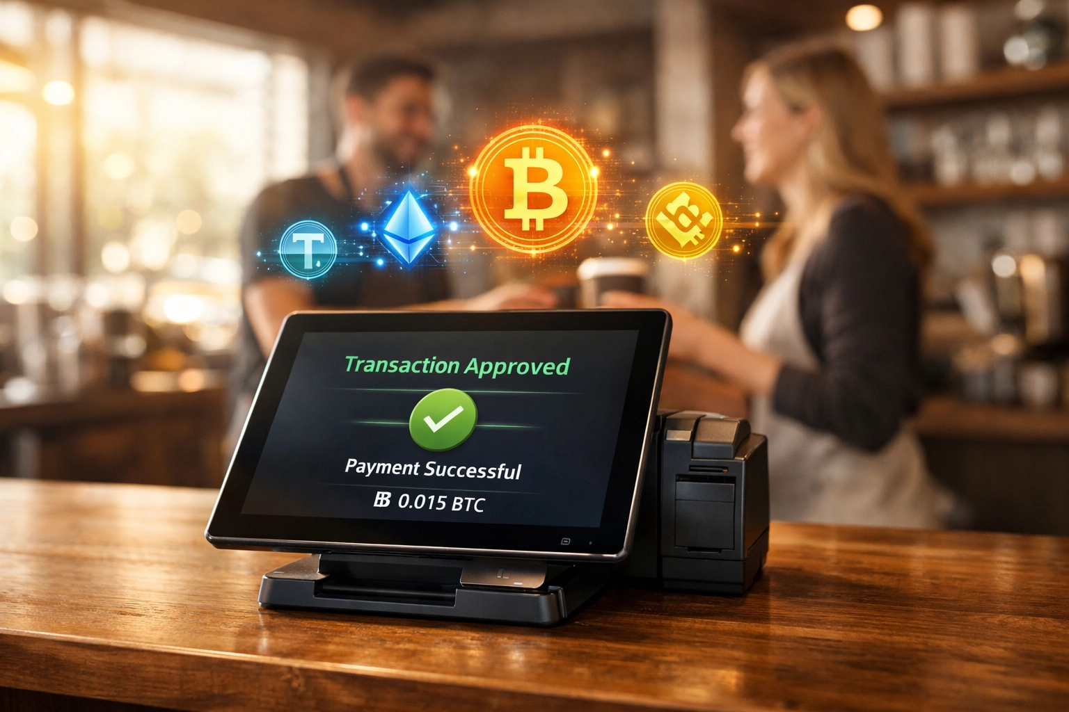 Modern crypto POS terminal in coffee shop processing cryptocurrency payment transaction
