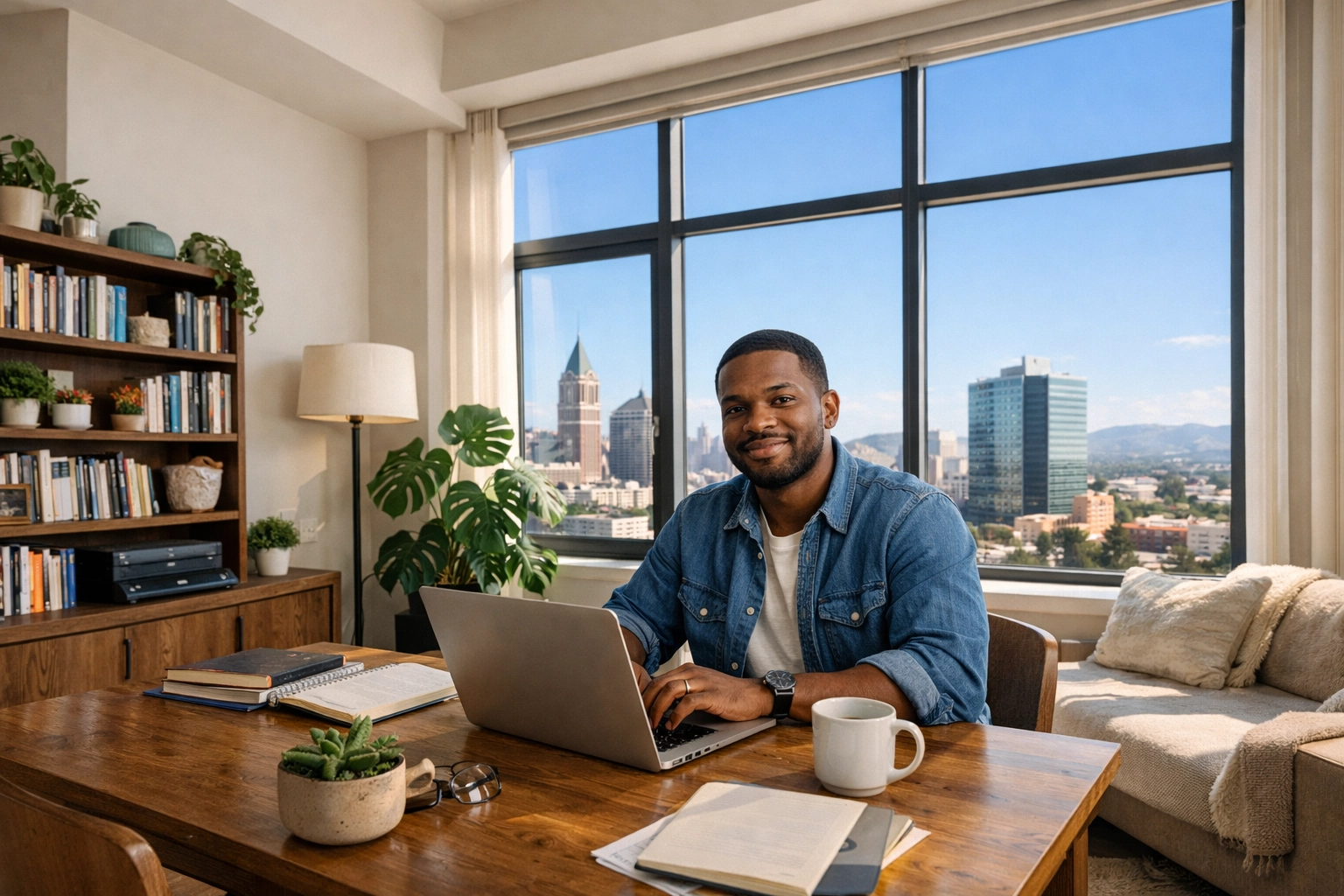 Teacher preparing lessons in a modern Oakland Idora apartment, showing educator housing stability.