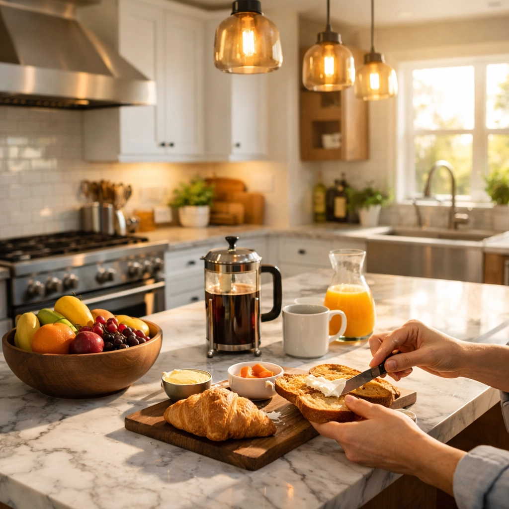 Modern gourmet kitchen with marble island in high-end vacation rental home