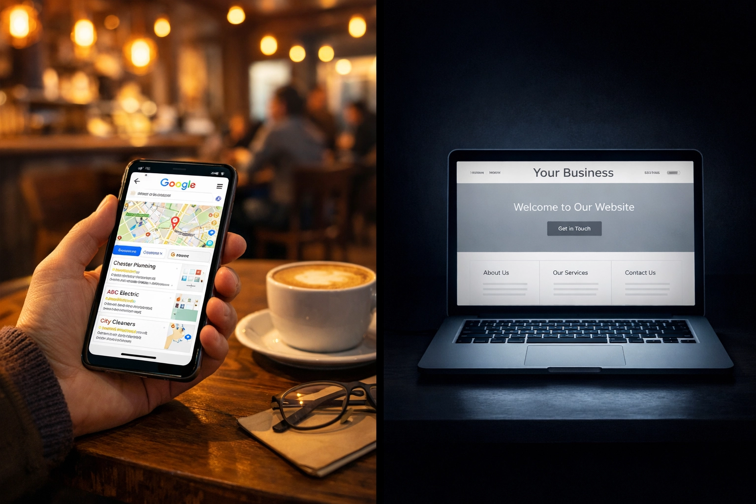 Customer searching local services on smartphone versus isolated website without local SEO