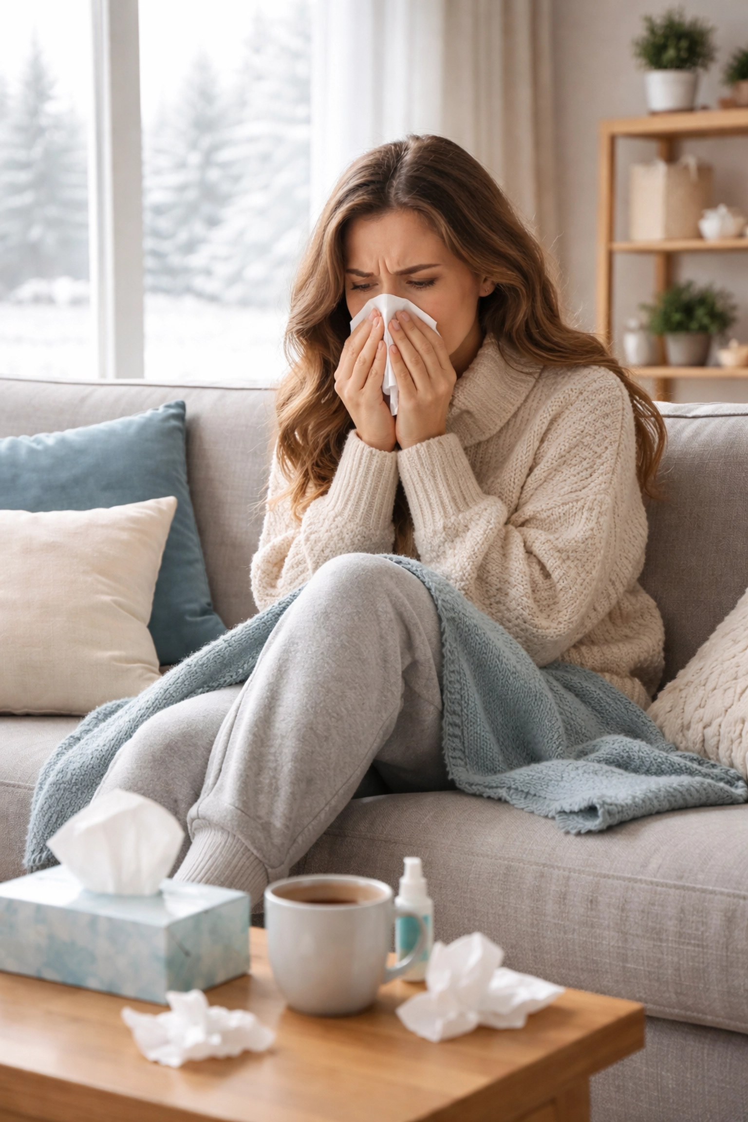 Woman with tissue on sofa in sealed Ottawa living room, showing winter allergies from poor air quality.