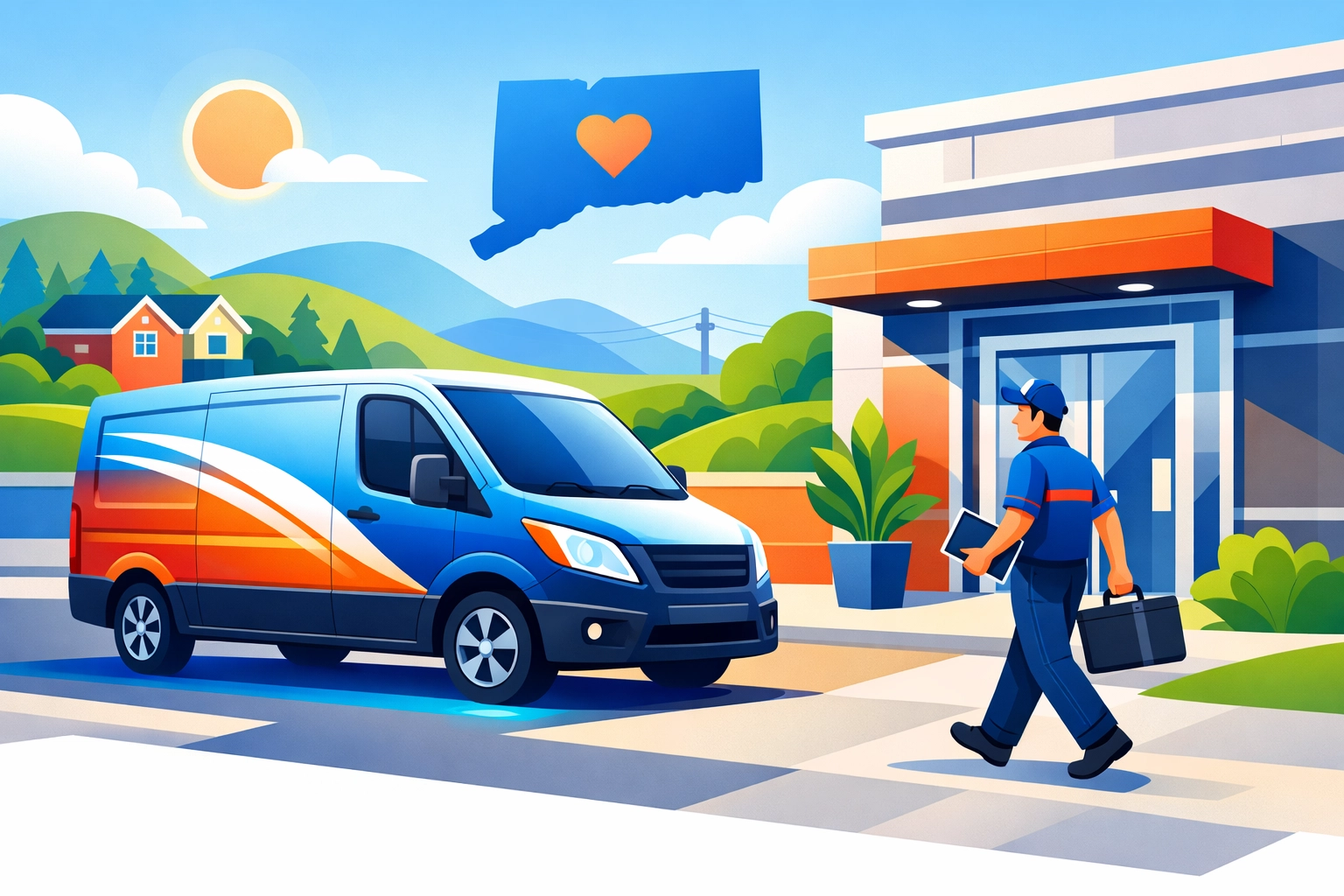 Professional IT technician arriving at a Connecticut office in a service van for on-site support.