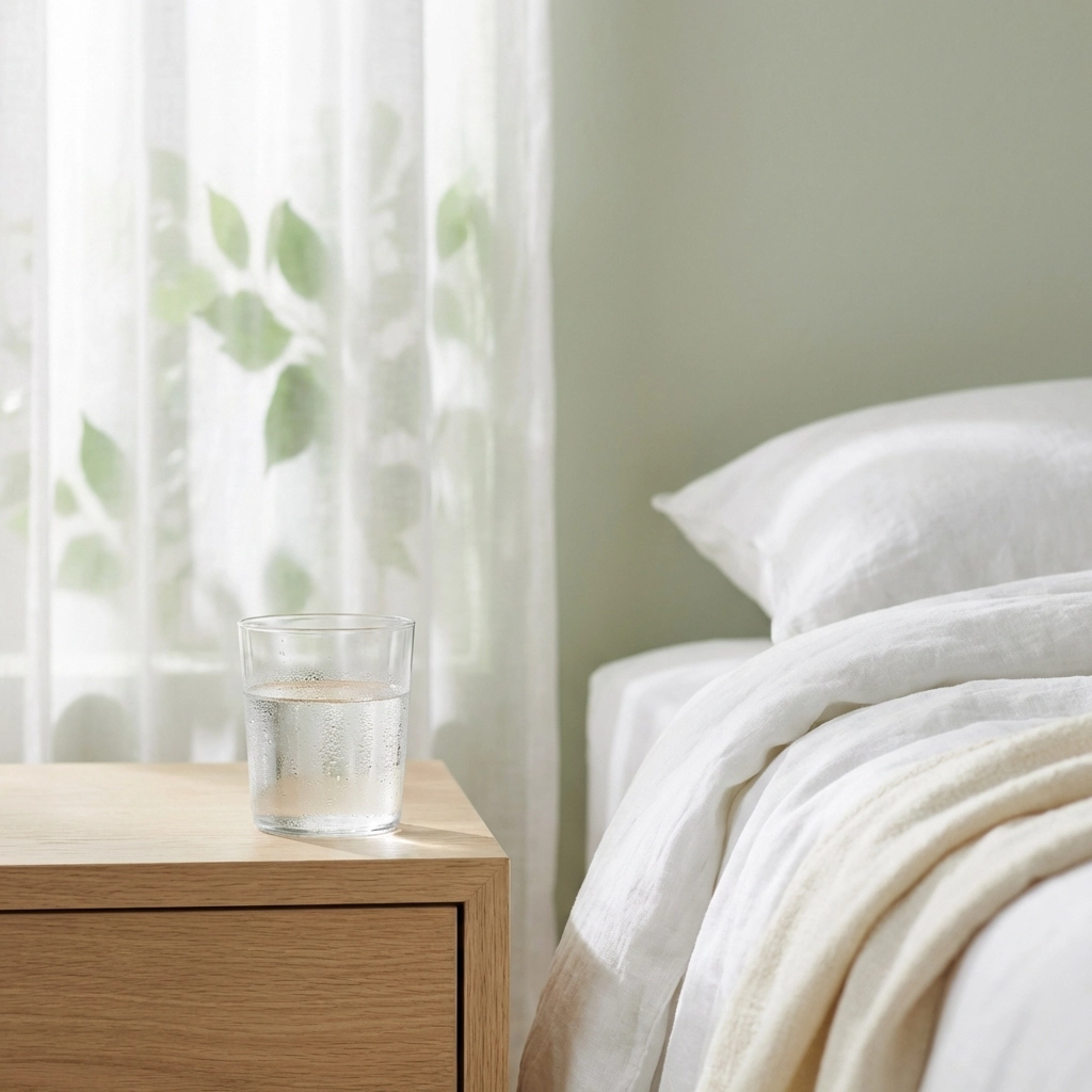 A glass of water on a nightstand symbolizes starting your holistic wellness routine with hydration.