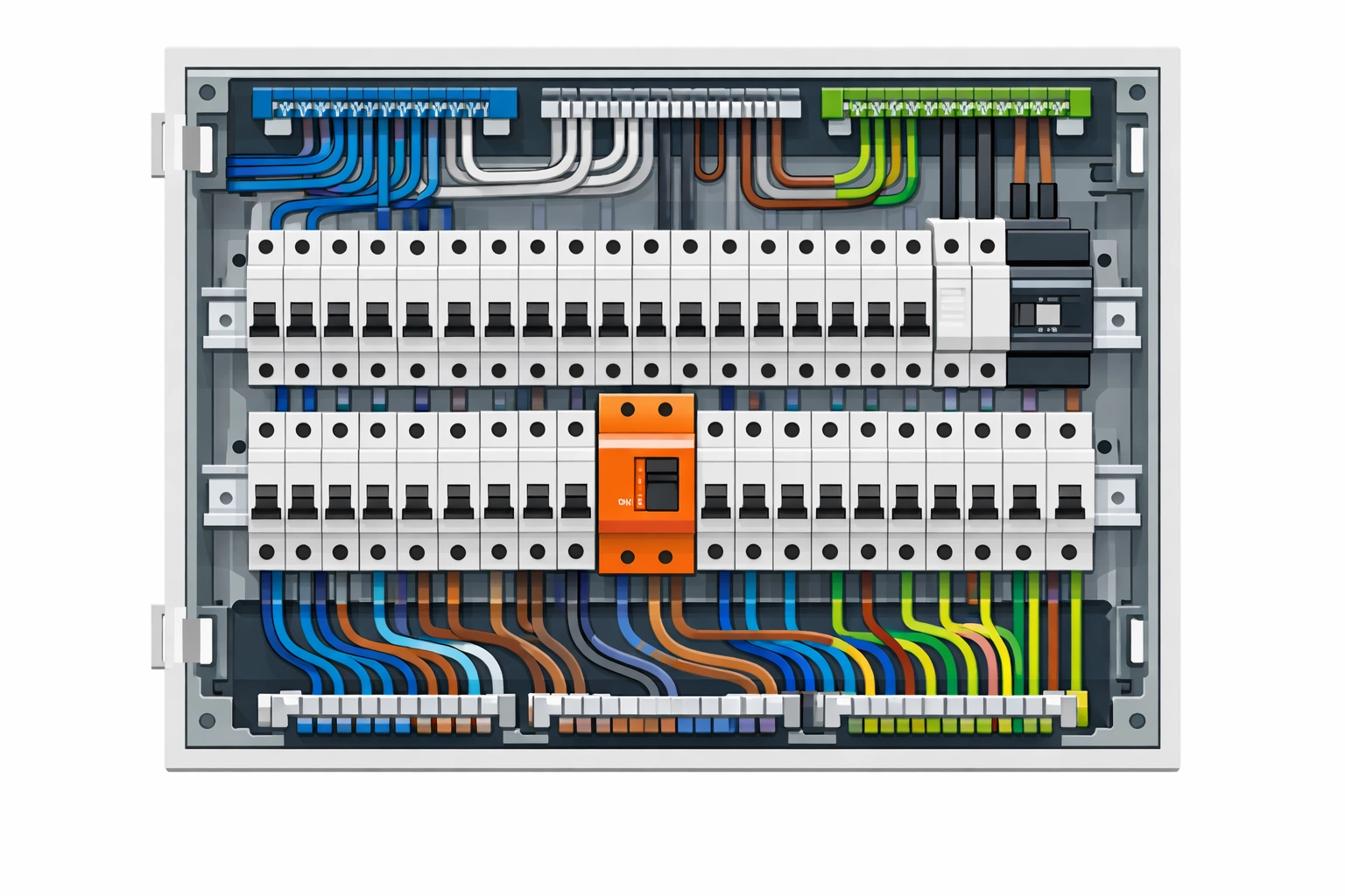 Geöffneter Sicherungskasten mit fachgerechter Absicherung für die Wallbox-Installation.