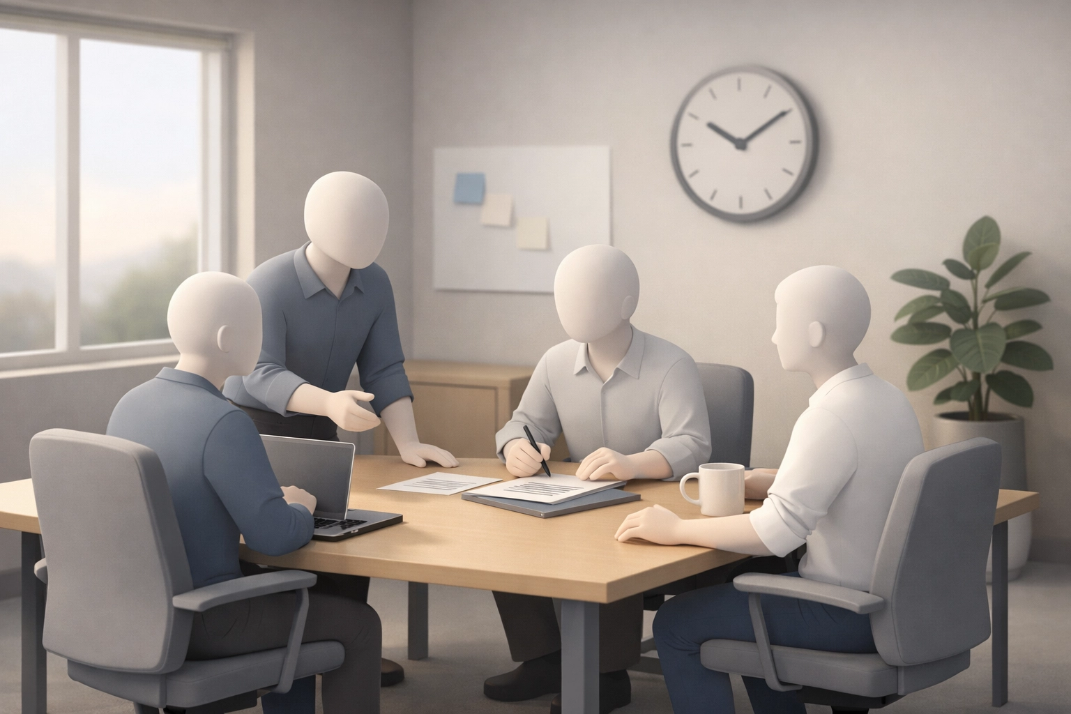 Small business team collaborating on HR and benefits strategy in modern office