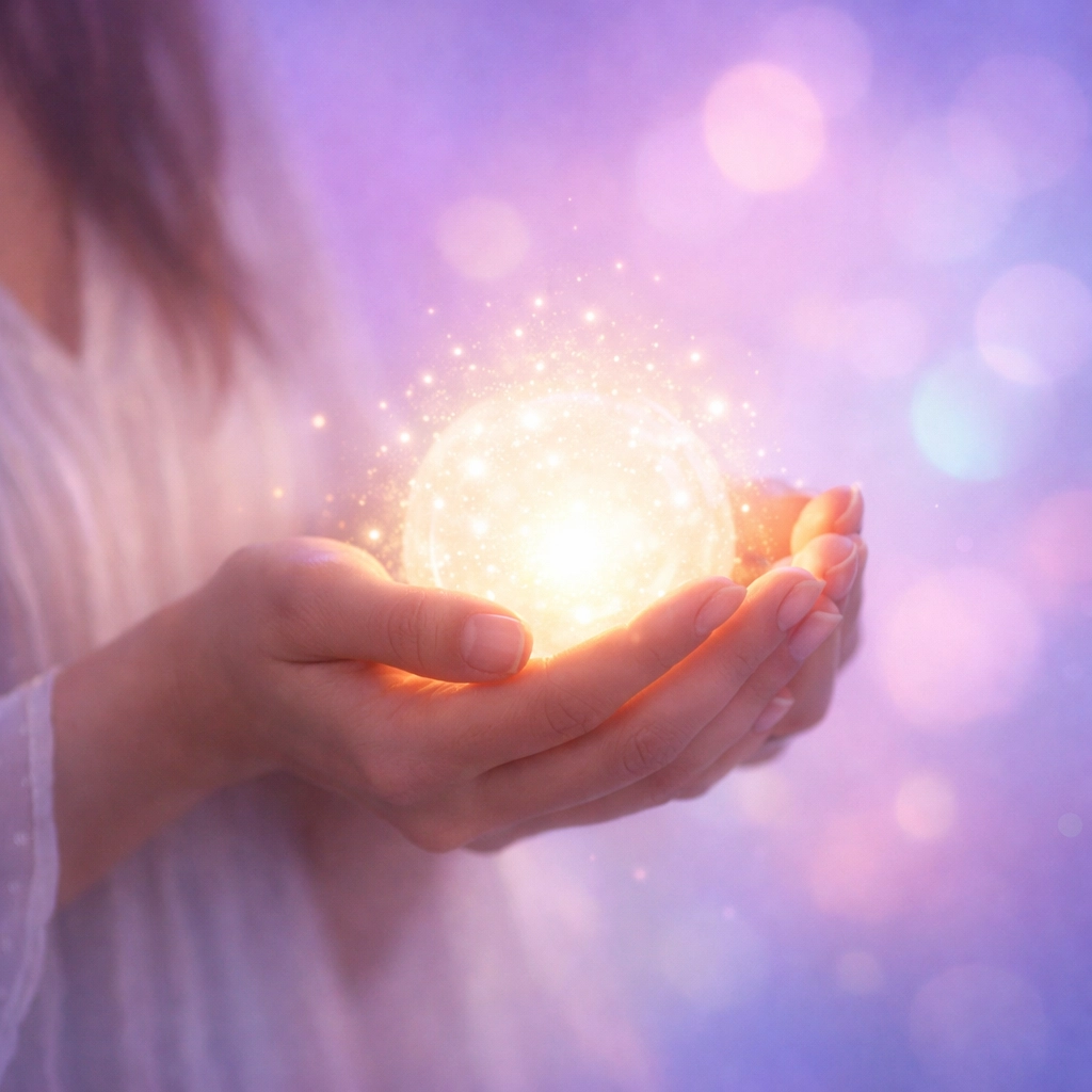 Hands holding glowing light symbolizing psychic medium spiritual connection