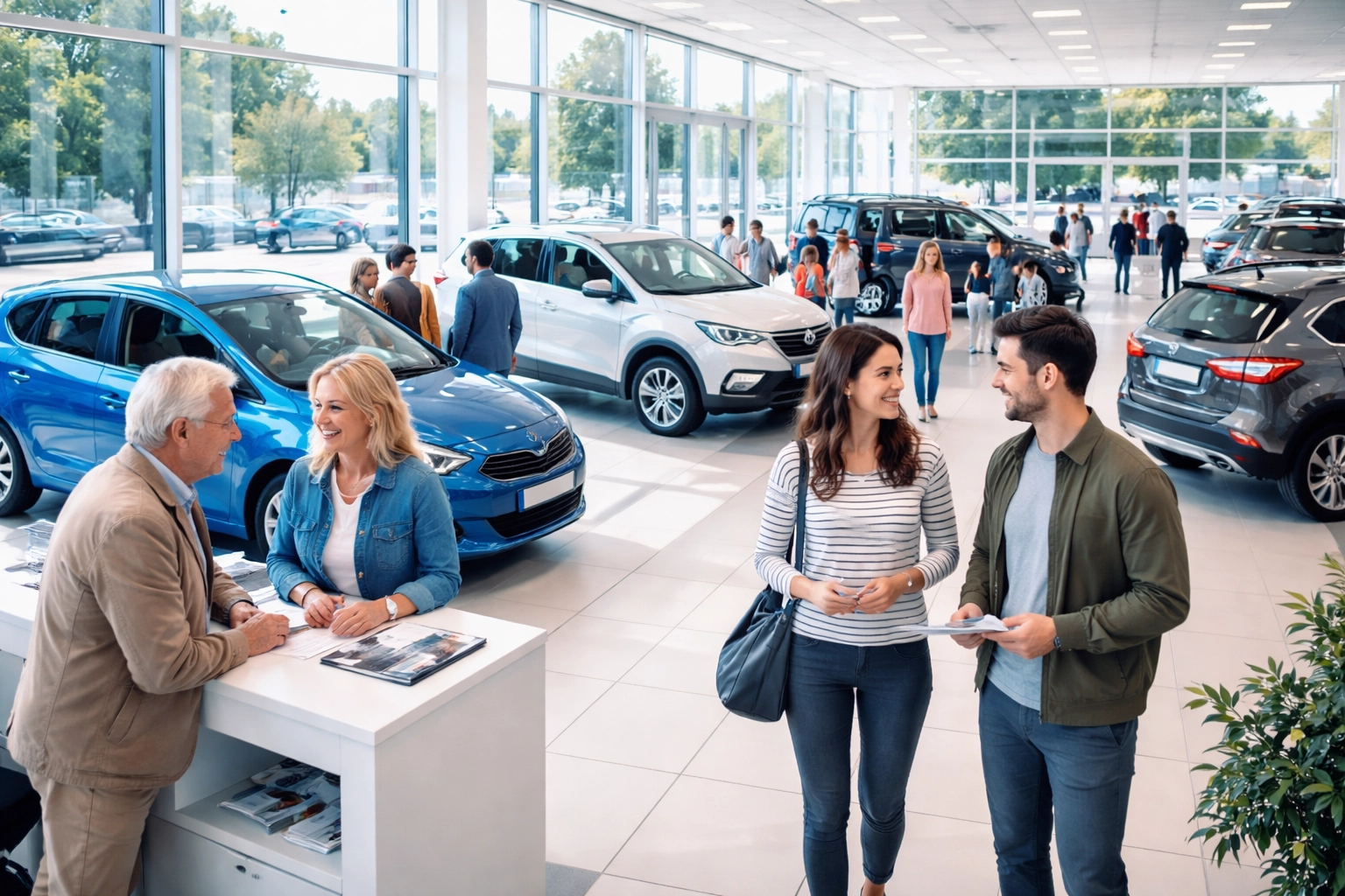 Welcoming car dealership showroom in South Wales with friendly staff and various Ford vehicles on display